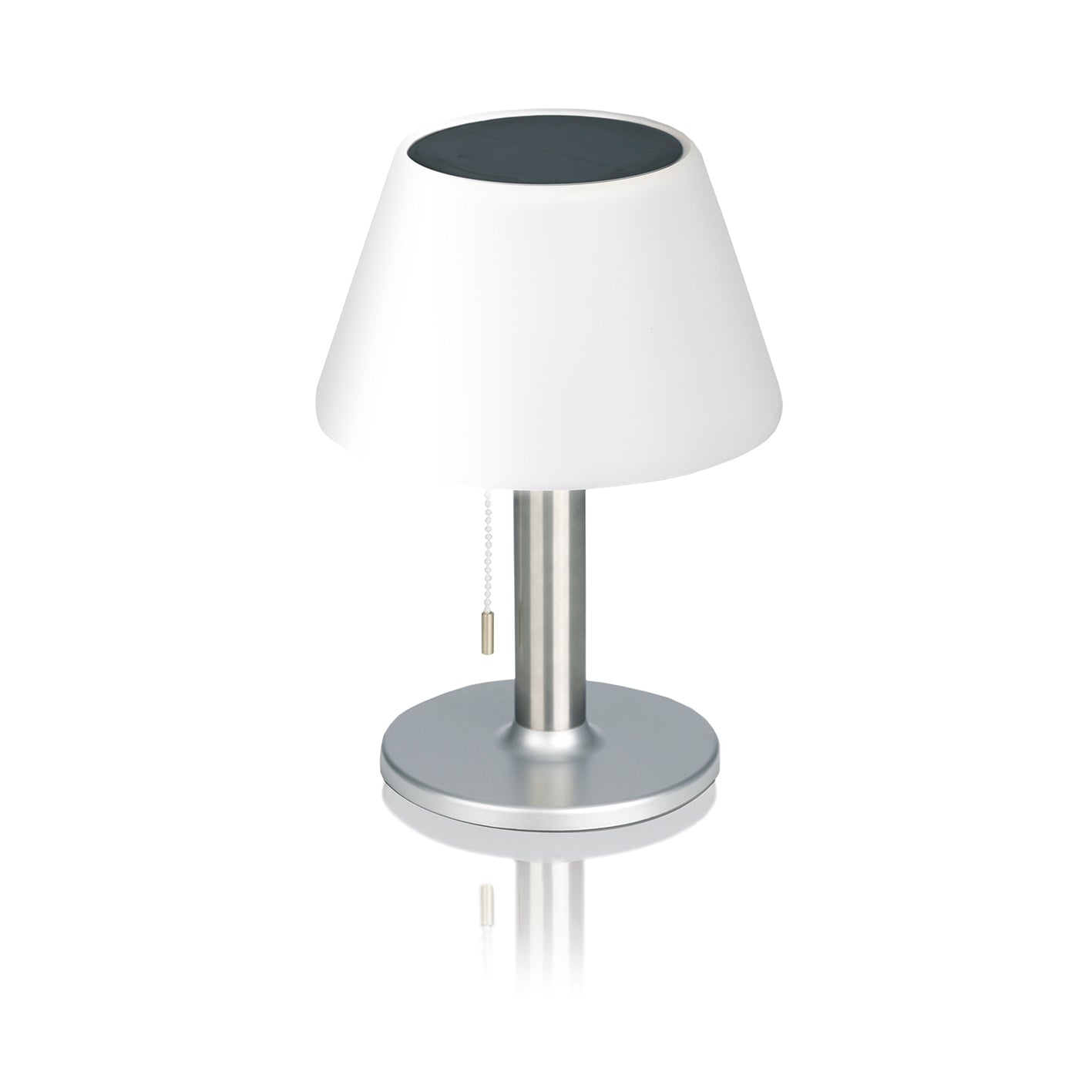 Solar-Tischleuchte - Edelstahl/weiß mit warmweißem LED-Licht, Edelstahl-Optik, An/Aus-Schalter und 4-8 Stunden Leuchtdauer, Höhe 29 cm.