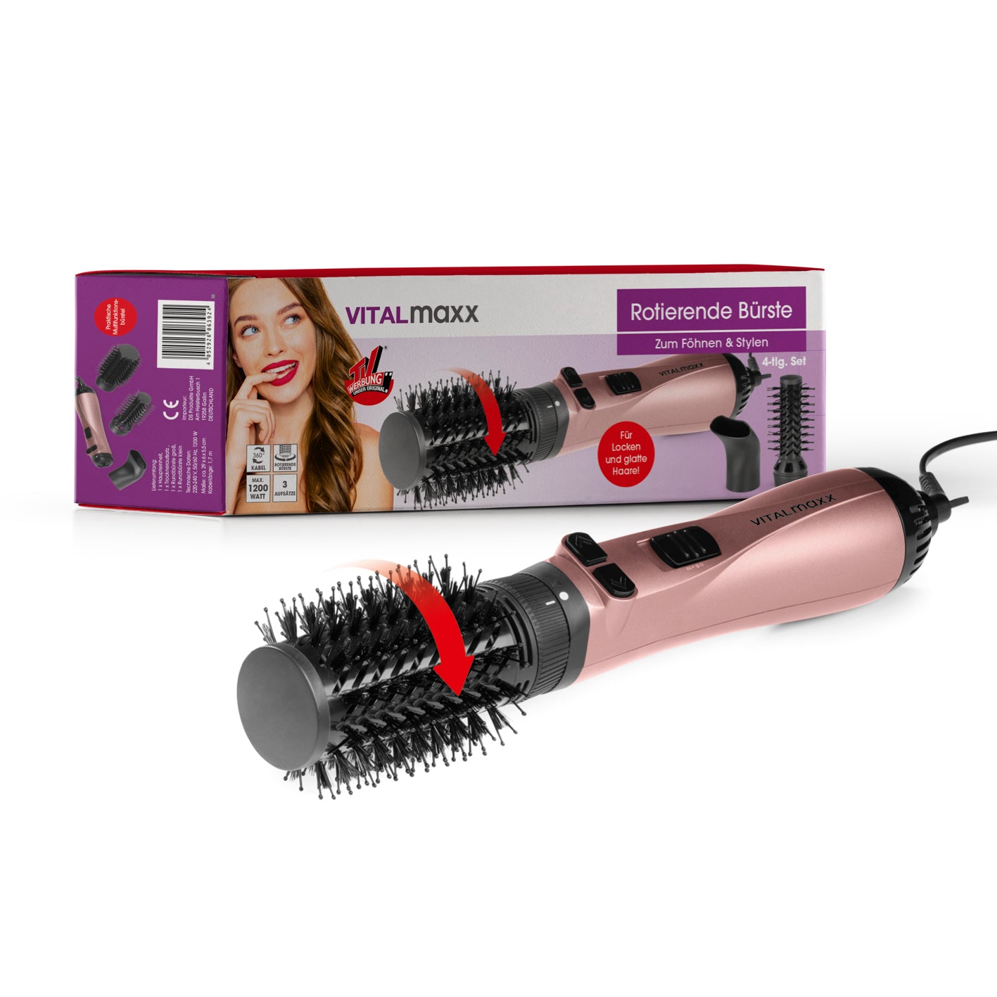 Stylingbürste - 3 Aufsätze - anthrazit/rosegold mit rotierenden Bürstenaufsätzen, 3 Heizstufen und flexiblen rotierendem Kabel.