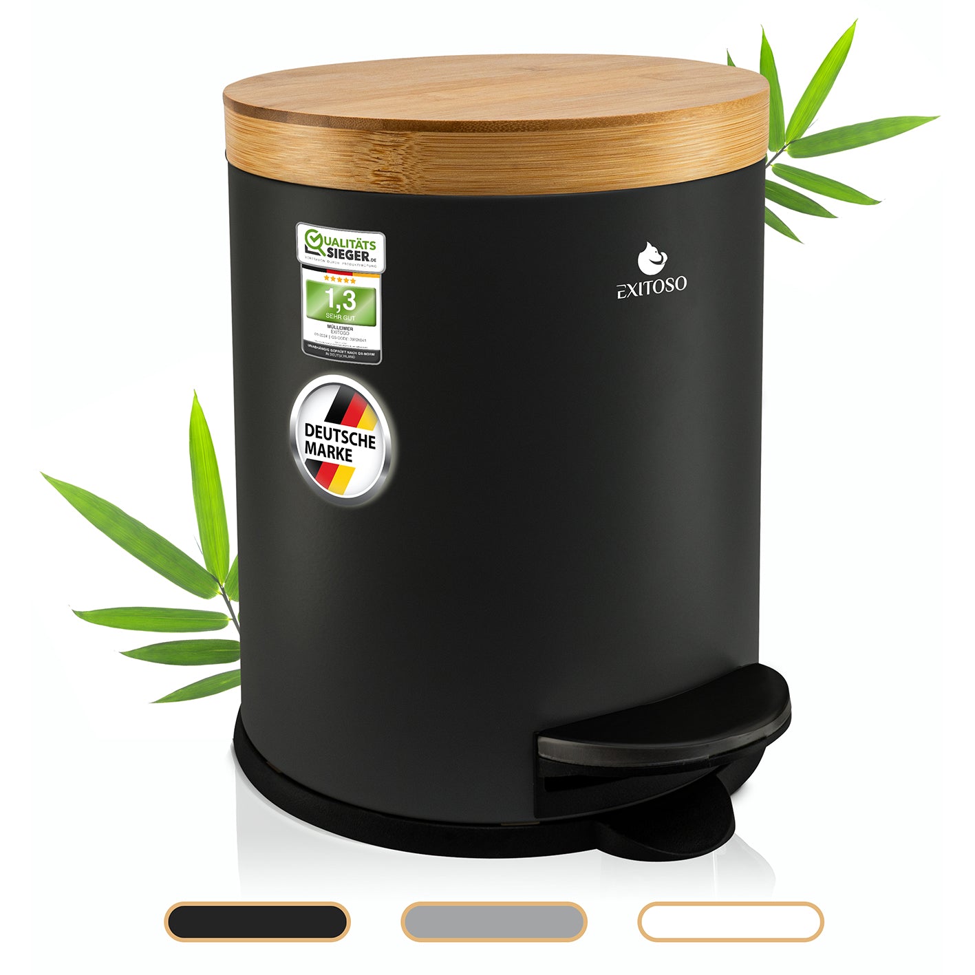 Tretmülleimer mit Softclose-Deckel - 5 l - Schwarz, matt pulverbeschichtet, Bambusdeckel, geräuschlos schließend, rutschfester Stand.