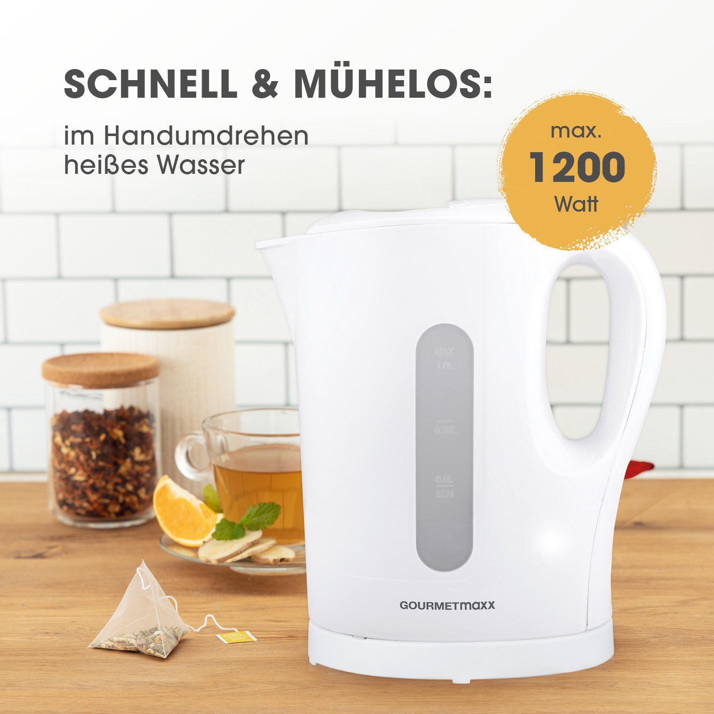 GOURMETmaxx Wasserkocher 1l weiß/grau mit Wasserstandsanzeige, kabellos, 1200 Watt, automatische Abschaltung, rotes Betriebslicht.