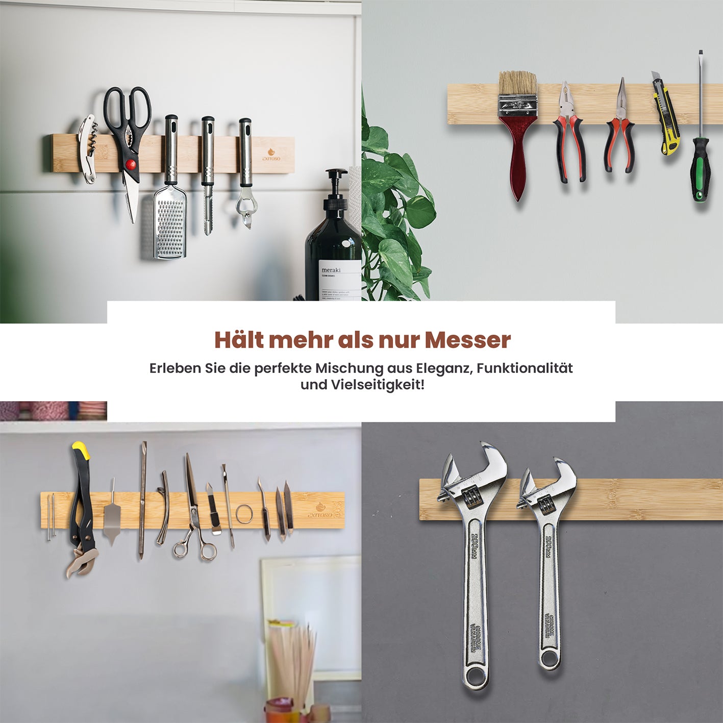 Messer-Magnetleiste - selbstklebend - Bambus - 40 cm hält Messer, Werkzeuge, Scheren und Küchenutensilien sicher und stilvoll griffbereit.