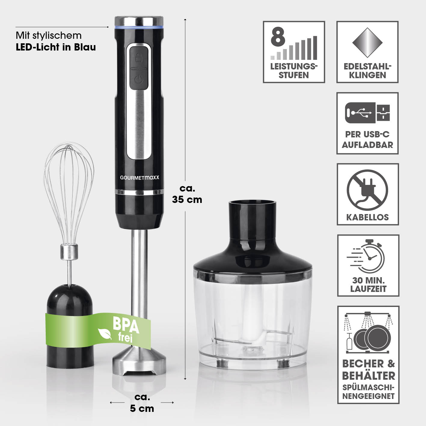 Akku-Stabmixer mit XL-Zubehör-Set kabellos, USB-C aufladbar, Edelstahlklingen, BPA-frei, 30 Min. Laufzeit, spülmaschinengeeignete Behälter.