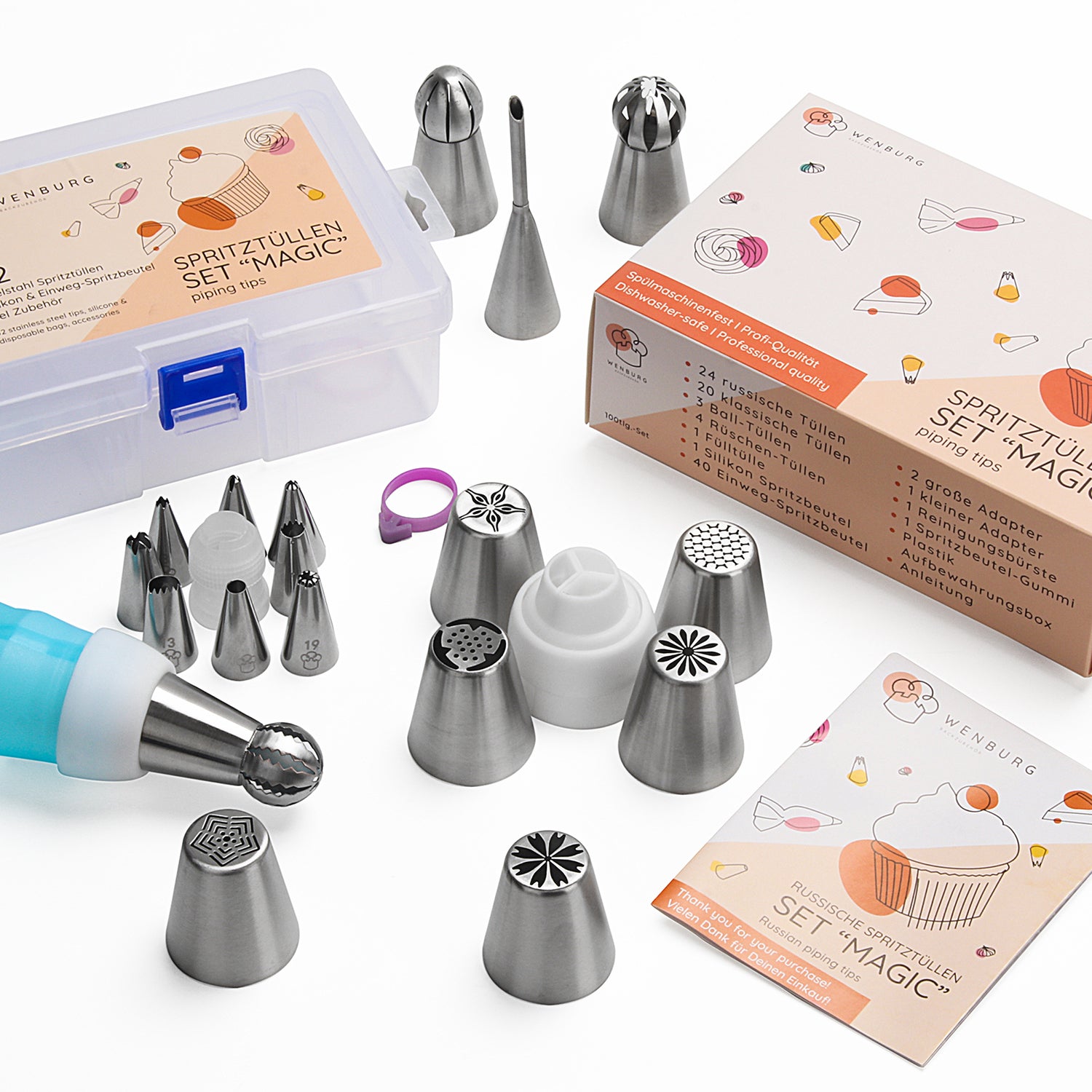 Spritzbeutel-Set mit Tüllen - 100-tlg. mit Edelstahltüllen, Spritzbeuteln, Adapter, Reinigungsbürste und Aufbewahrungsbox.
