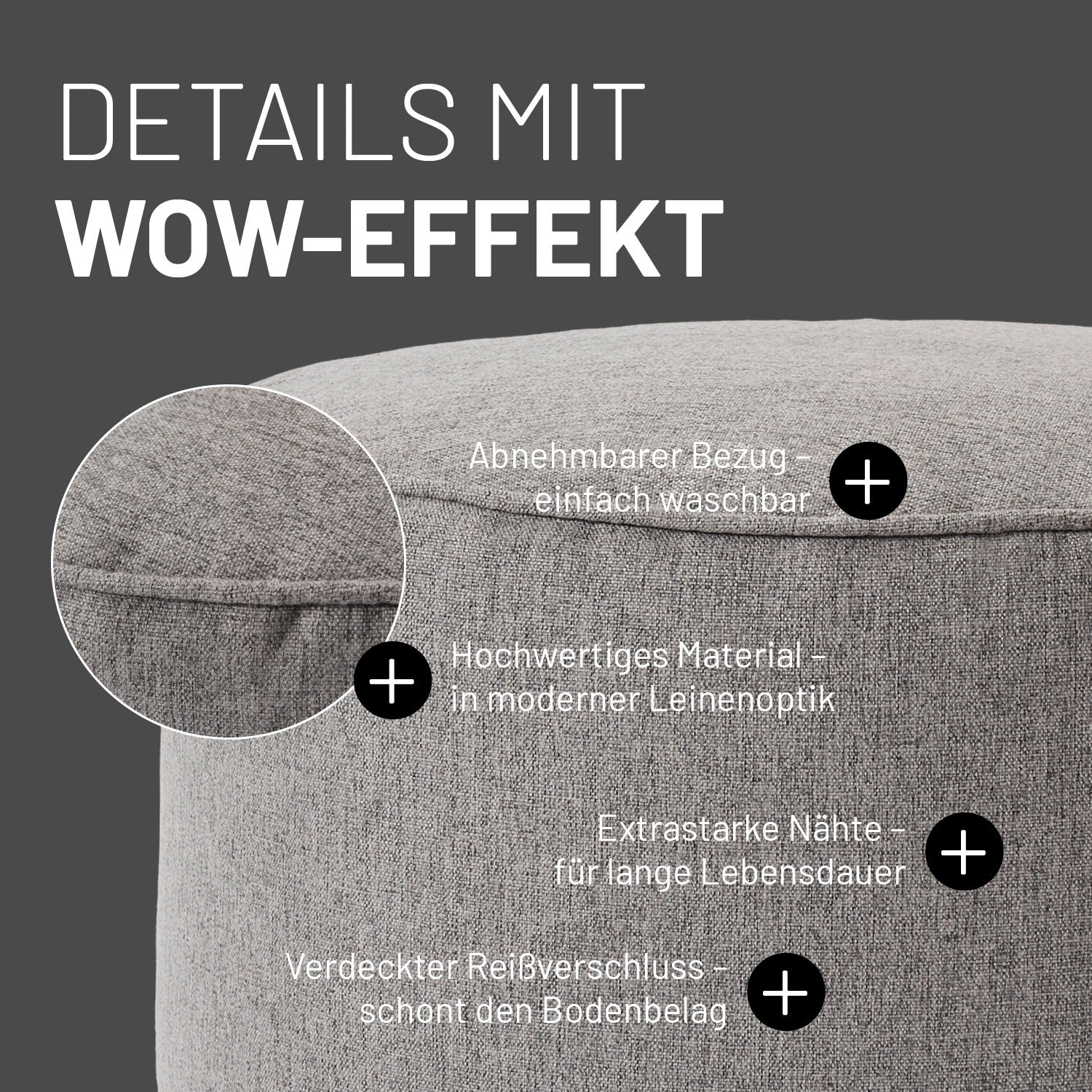 Comfort Line Sitzsack-Hocker/Pouf (50 L) Hellgrau, indoor, abnehmbarer Bezug, hochwertiges Material, extrastarke Nähte, moderner Leinenlook.