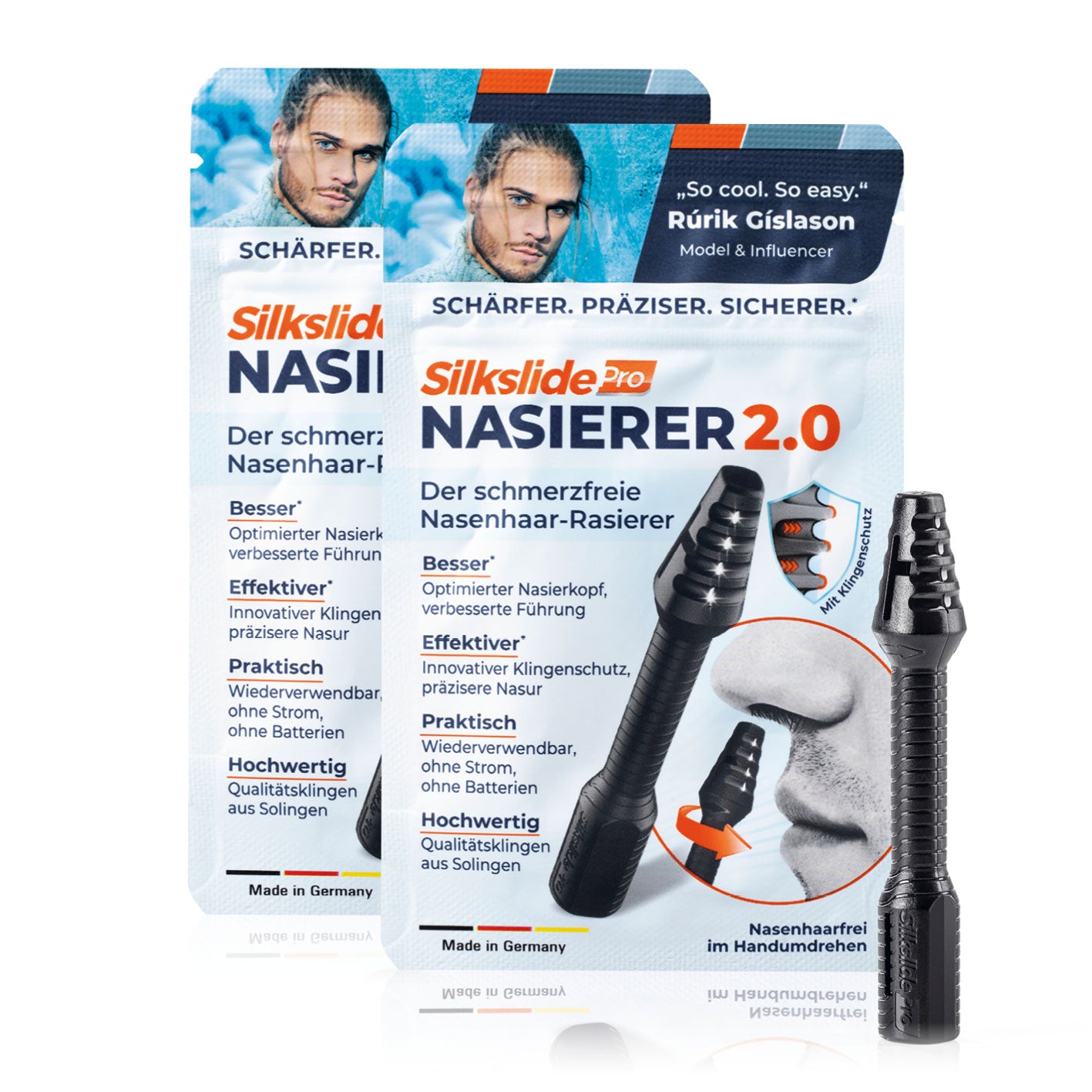 Pro Nasenhaartrimmer - Nasierer 2.0 - 2er-Set mit optimiertem Nasierkopf und Qualitätsklingen aus Solingen, wiederverwendbar ohne Batterien.