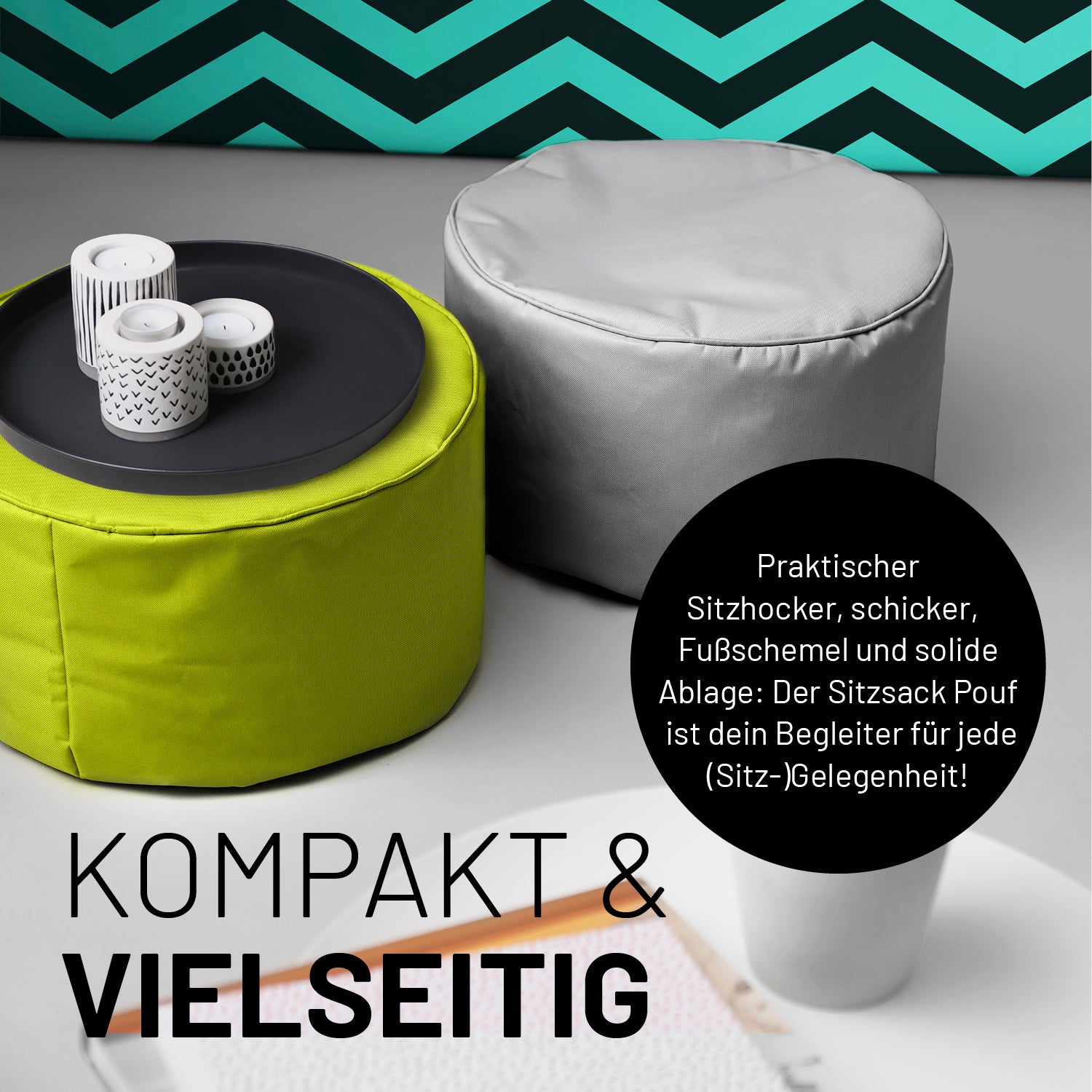 Sitzsack-Hocker/Pouf (50 L) Apfelgrün als moderner Sitzhocker, Ablage & Fußschemel für Indoor & Outdoor mit robustem, pflegeleichtem Material.