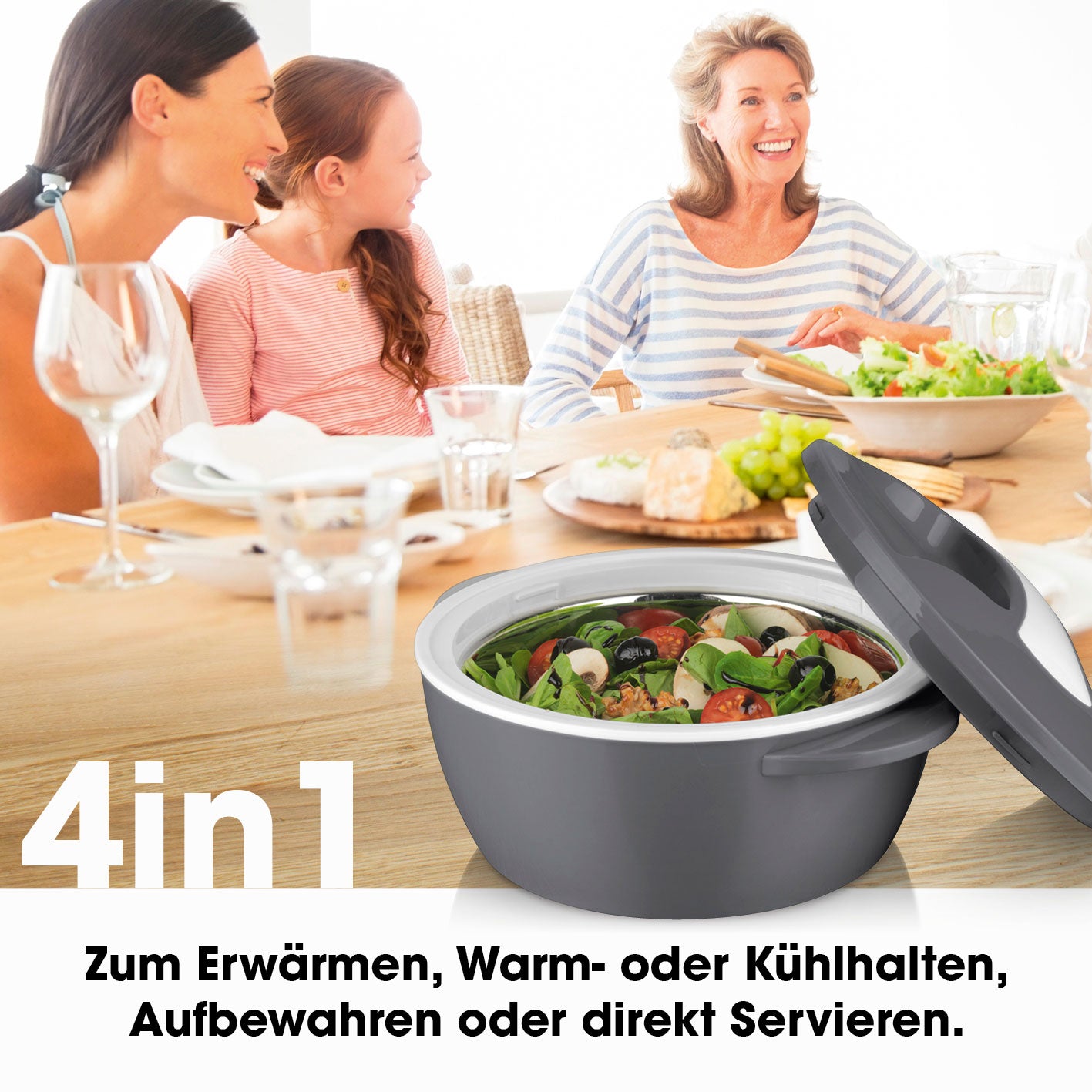 Thermo-Schüssel Mikrowelle 3er-Set grau/weiß mit Edelstahleinsatz, ideal zum Erwärmen, Warm- oder Kühlen und Servieren von Speisen.