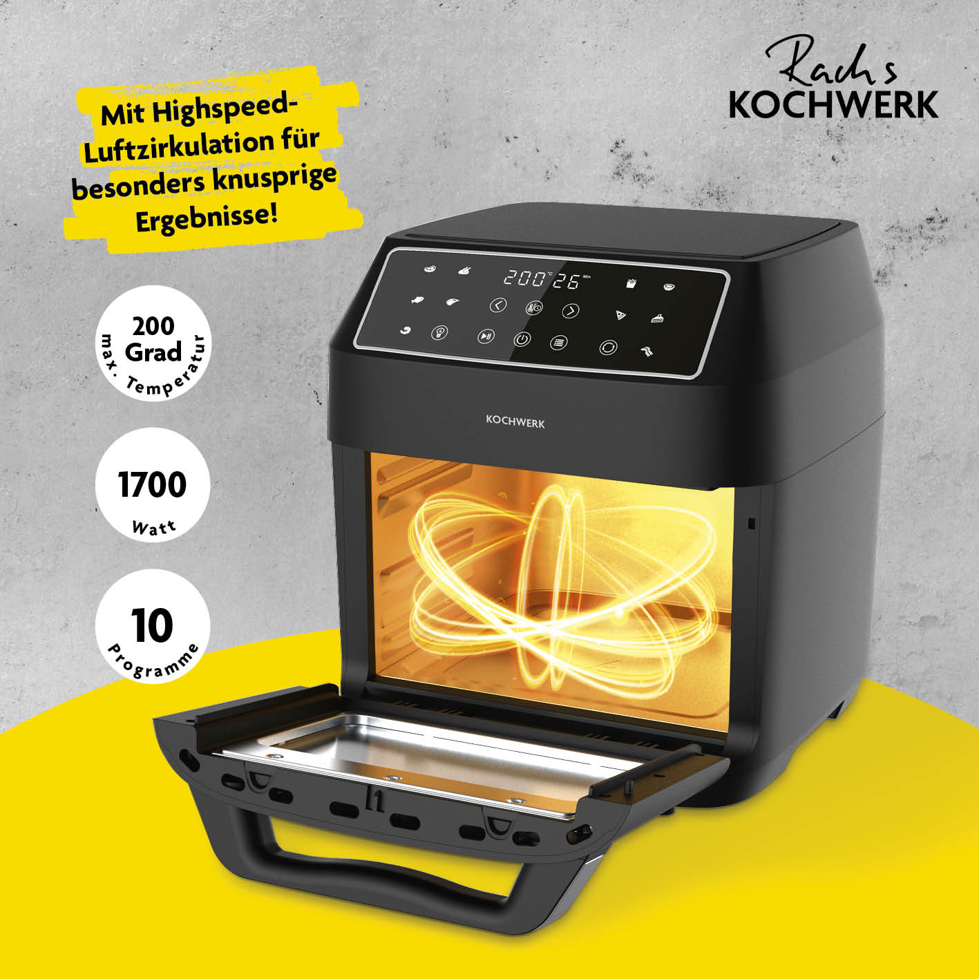 Heißluft-Ofen Digital 12l 1700W mit Touchdisplay, 200 Grad, 10 Programmen und Highspeed-Luftzirkulation für knusprige Ergebnisse.