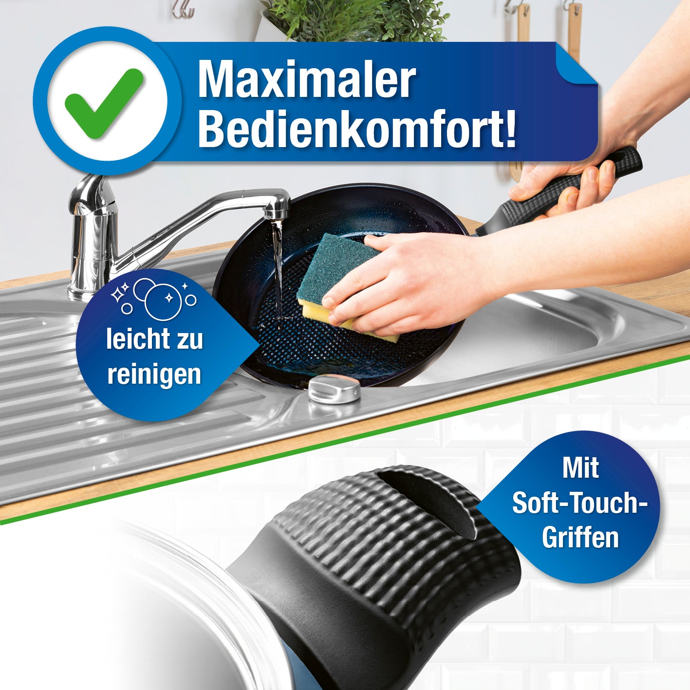 Koch- und Bratset mit Soft-Touch-Griffen, leicht zu reinigen und maximalem Bedienkomfort für fettarmes Braten und Garen.