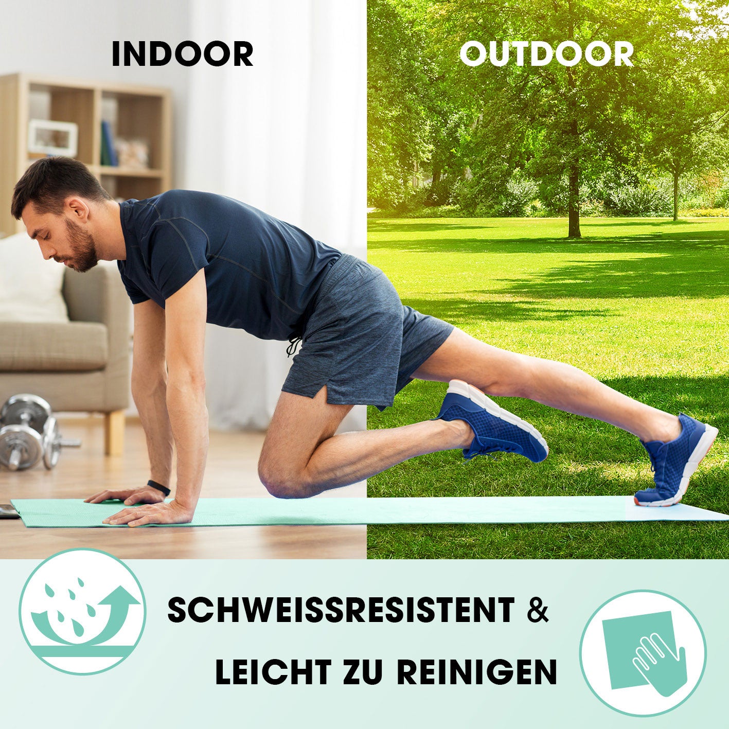 Fitness- und Gymnastikmatte - 183 x 61 x 1 cm - Türkis, rutschfest, schweißresistent, ideal für Indoor- und Outdoor-Training.