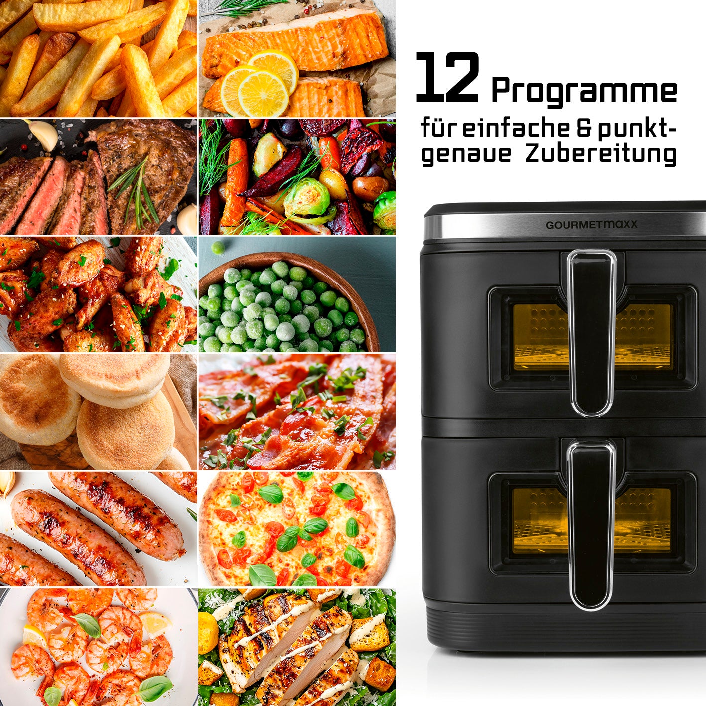 FryUp Vertikale Doppelkammer-Heißluftfritteuse mit Sichtfenster