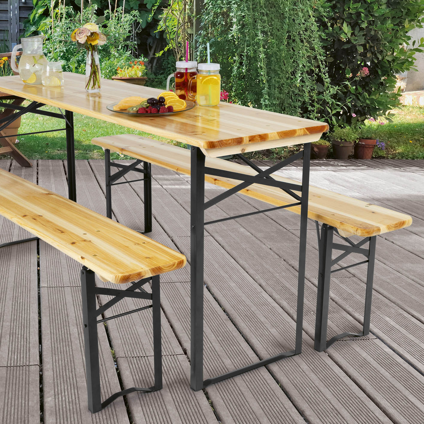 Bierzeltgarnitur Set (1 Tisch mit 2 Sitzbänken) 170 cm, Holzfarben/Schwarz, wetterfeste Fichtenholzplatten und pulverbeschichtetes Stahlgestell.