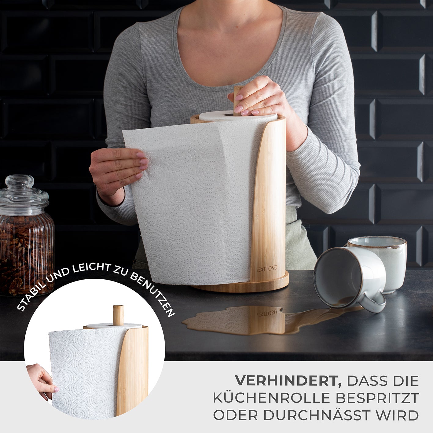 Küchenrollenhalter - Bambus - stehend, stilvoll, langlebig, umweltfreundlich, stabil und platzsparend für Küche, Bad oder Büro.