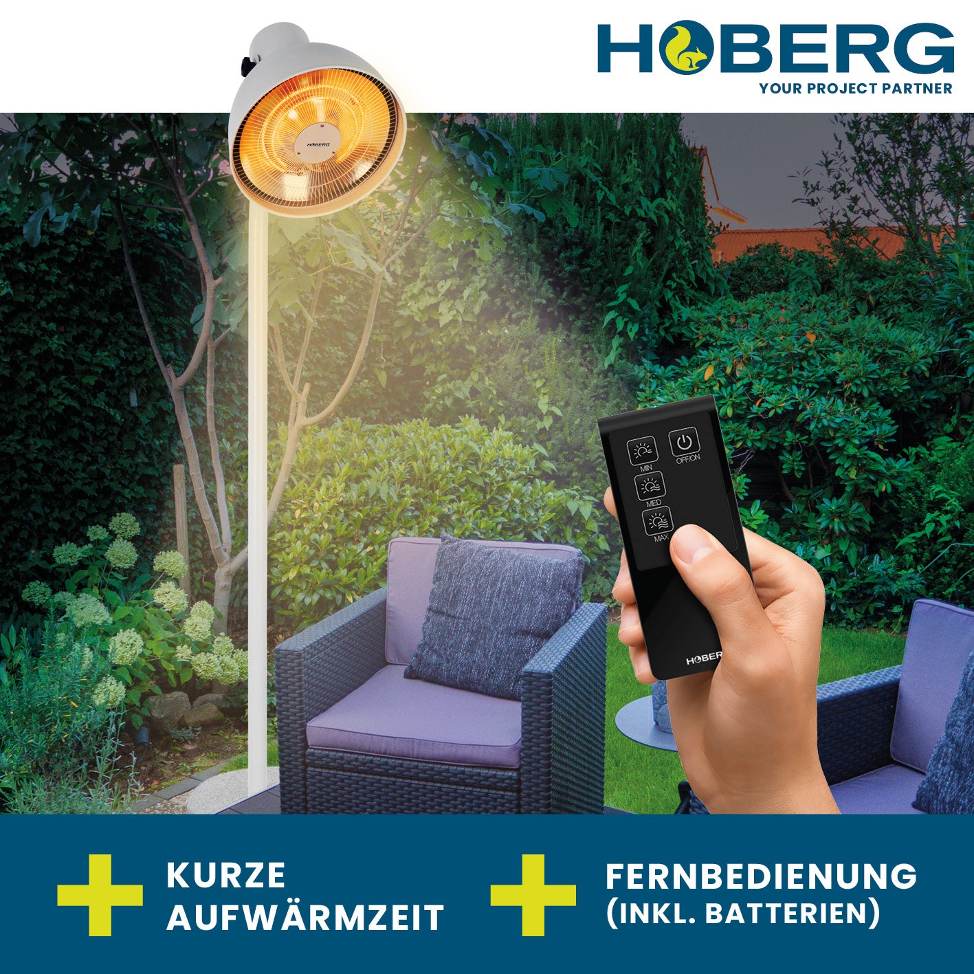 Infrarot-Heizstrahler mit Standfuß im Lampen-Design, 3 Heizstufen, Fernbedienung und schneller Aufwärmzeit für drinnen und draußen.