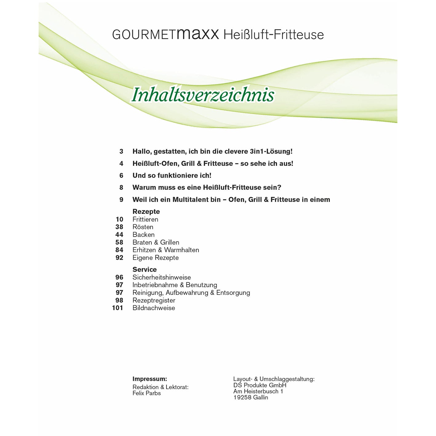 Buch Heißluft-Fritteuse mit 70 Rezepten von GOURMETmaxx zeigt Inhaltsverzeichnis für fettarmes Kochen mit Heißluftfritteuse.