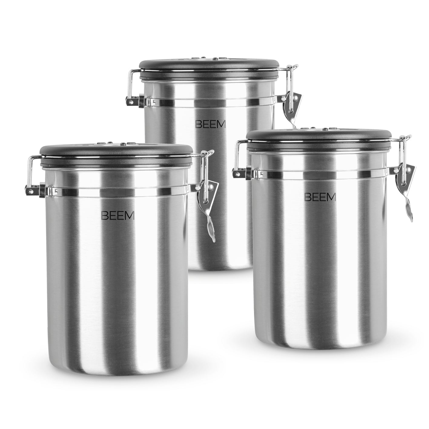 KAFFEEDOSE Vorratsdose mit Dosierlöffel - 1,9 l - 3er-Set, luftdicht, Edelstahl, mit Datum und Frischeschutzventil.
