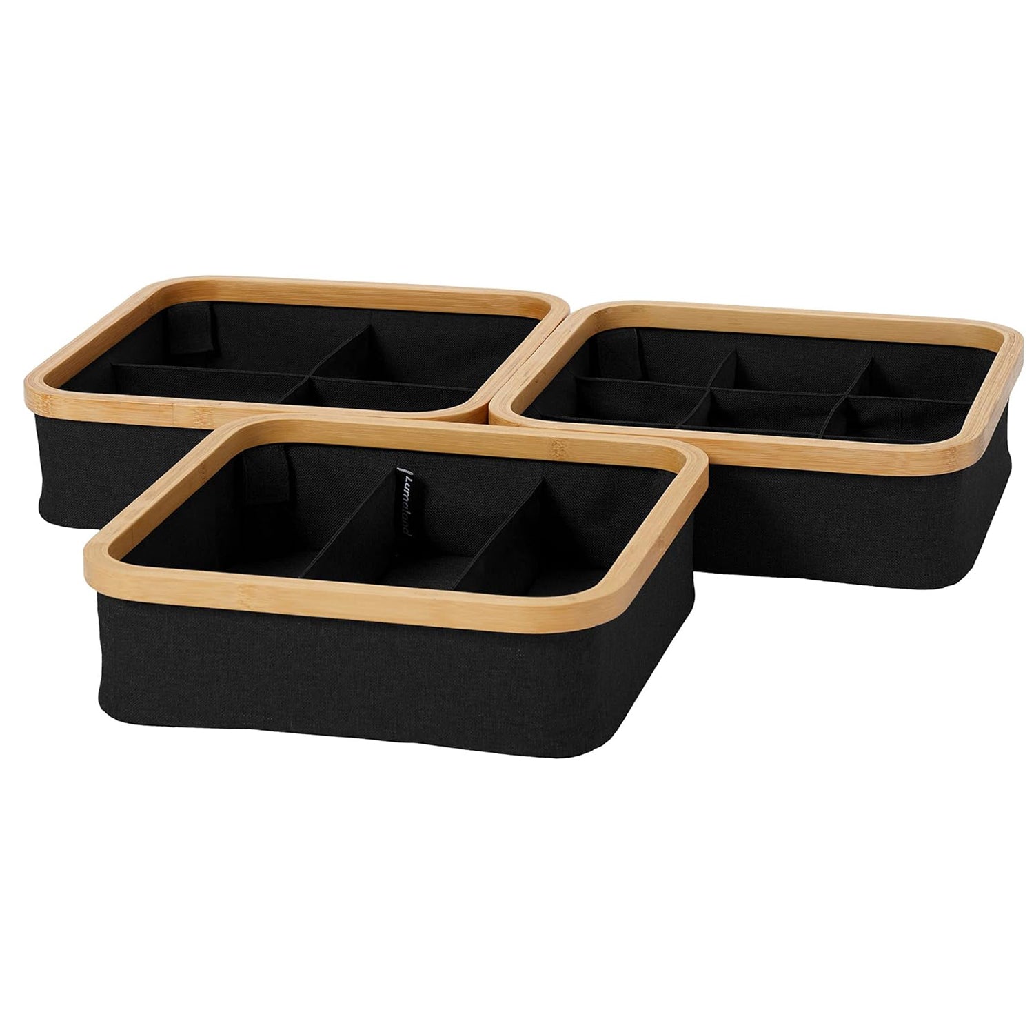 Organizer mit Bambus-Rahmen - 3er-Set Anthrazit, faltbare Aufbewahrungsboxen mit 3, 4 und 9 Fächern, stabil und platzsparend.