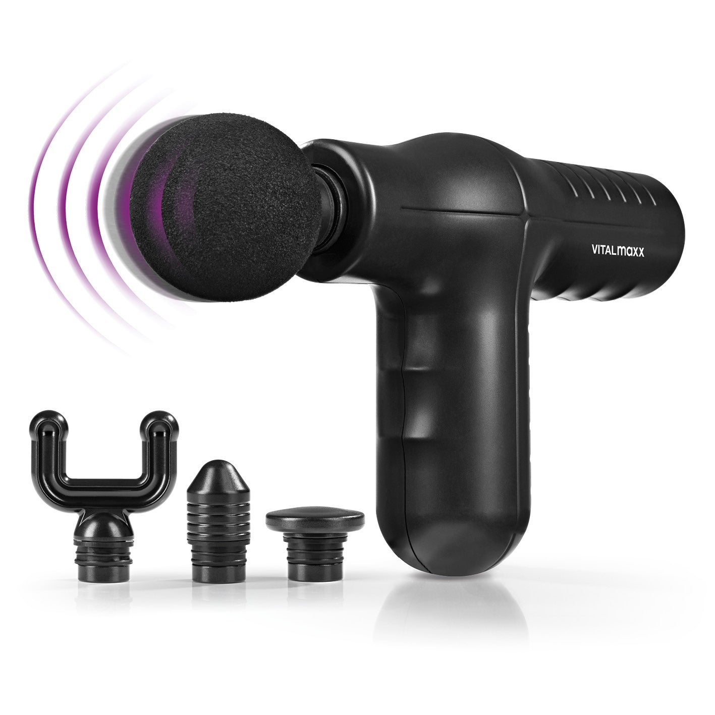 Mini-Massage Gun Smart Grip - schwarz mit 4 Aufsätzen, ergonomisch, kraftvoll und kabellos für effektive Muskelregeneration und Durchblutungsförderung.