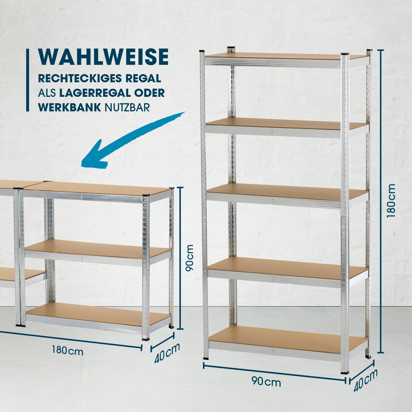 Schwerlastregal & Werkbank mit GS, 5 MDF-Böden, bis 175 kg Tragkraft, 180x90x40 cm, 2 Aufbauvarianten als Regal oder Werkbank.
