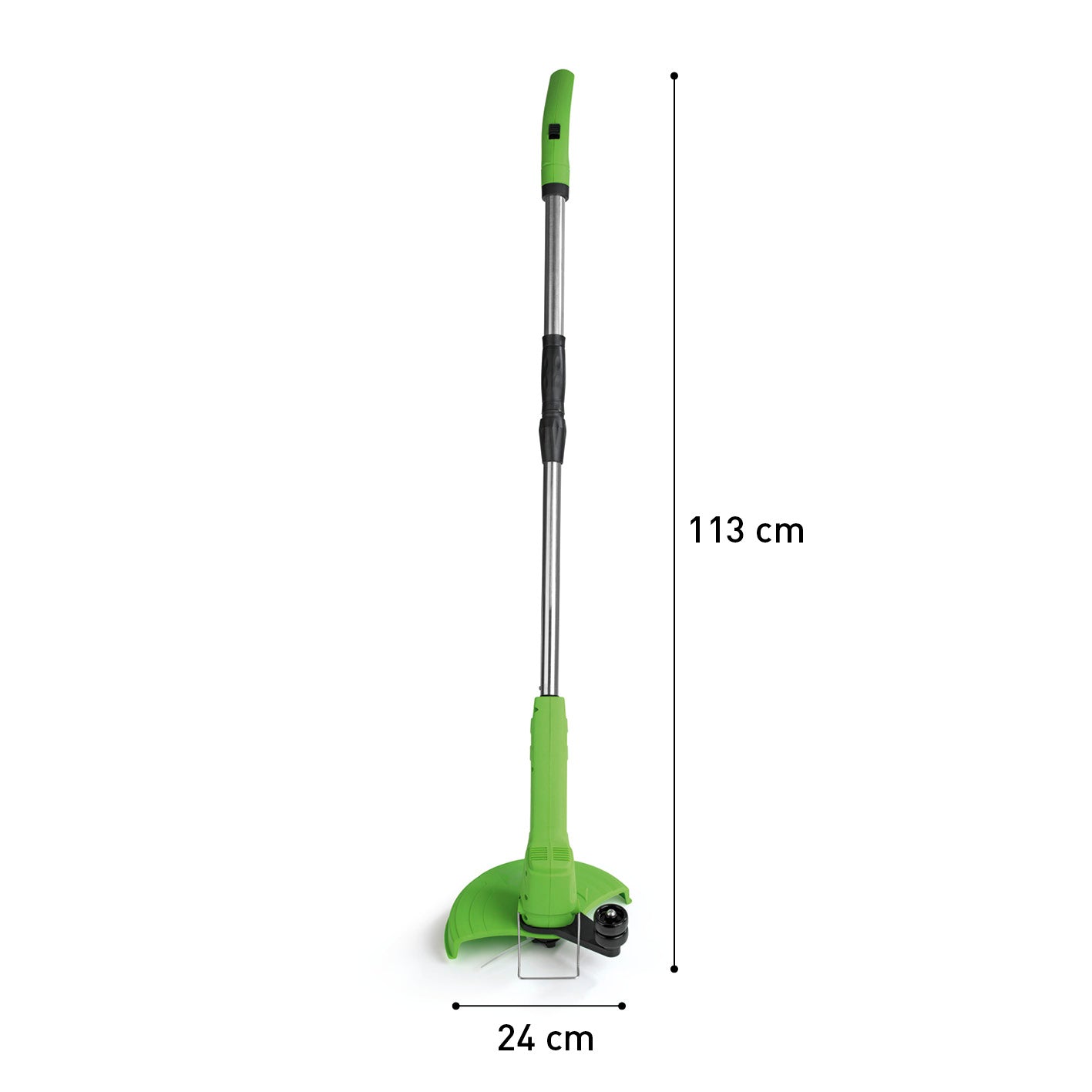 Akku-Rasentrimmer mit höhenverstellbarem Griff, Schneidewerkzeug aus Trimmfäden, 113 cm lang und 24 cm breit.