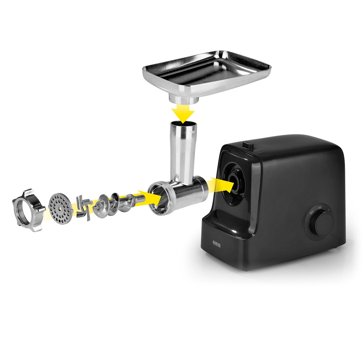 Fleischwolf inkl. Rücklauf-Funktion - max. 2000 W - Midnight Edition mit Aufsätzen, Lochscheiben und integriertem Stopfer.