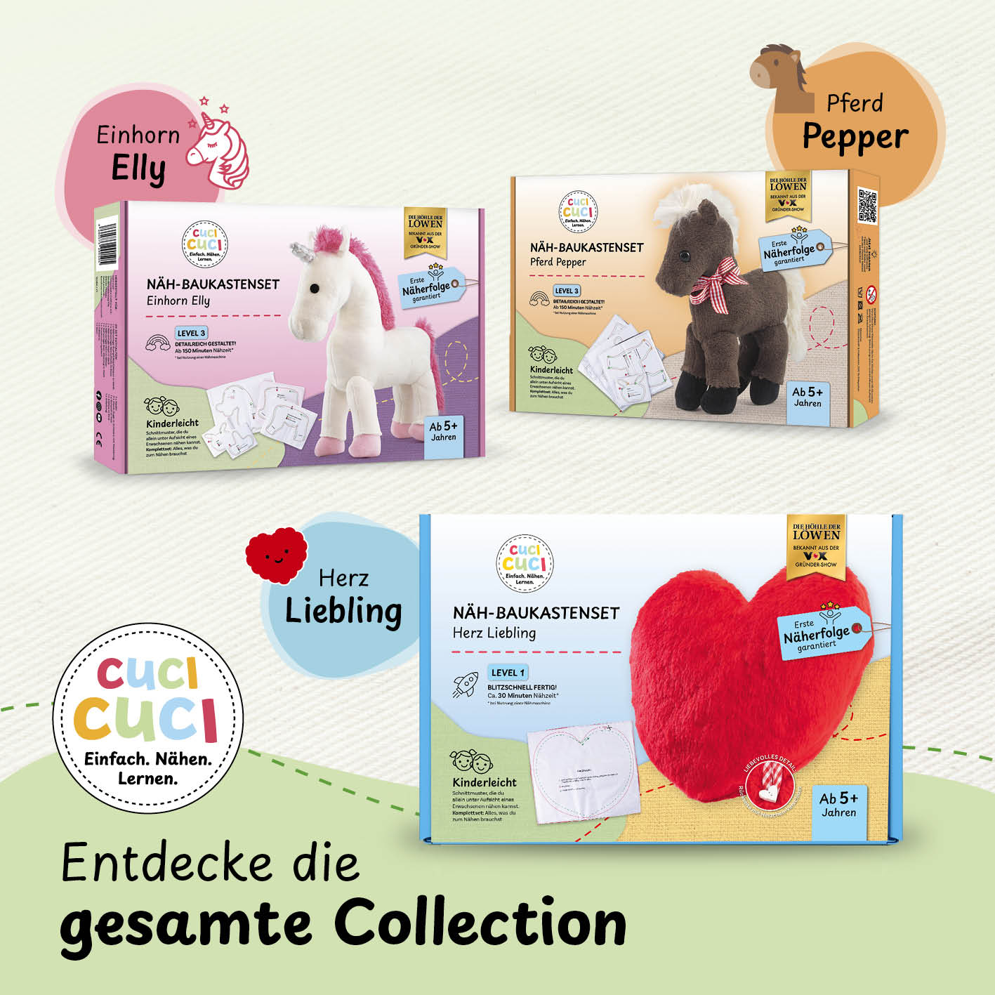 Näh-Baukastenset Motiv Alpaka Anton von cuci cuci – kinderleichtes Nähen von Kuscheltieren, geeignet ab 5 Jahren, inklusive Anleitung und Materialien.