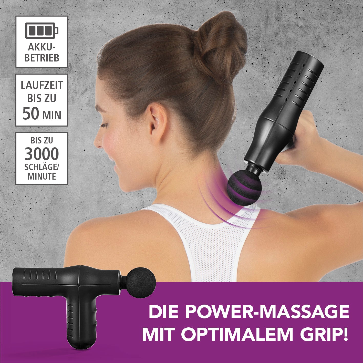 Mini-Massage Gun Smart Grip - schwarz in Anwendung zur Muskelentspannung mit ergonomischem Design und bis zu 50 Minuten Akkulaufzeit.