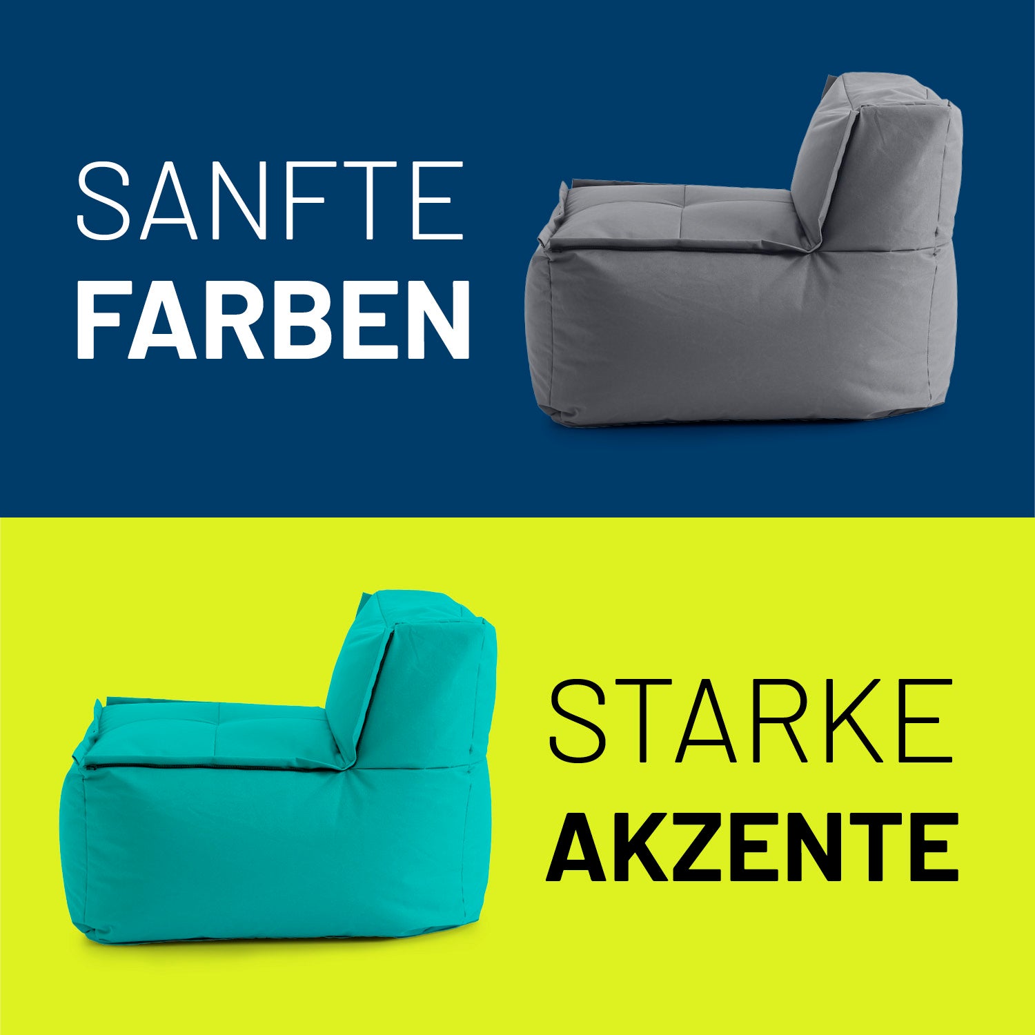 Sitzsack-Sofa Mittelstück (200 L) in Türkis und Grau, modulare Kombination, indoor & outdoor, extrastark mit Mix-&-Fix-Reißverschluss.