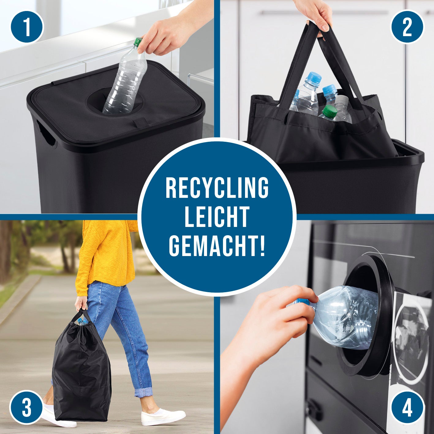 Pfandflaschen-Sammelbehälter - Schwarz mit wasserabweisendem 100-l-Behälter, faltbar, mit Tragetaschen und breiter Deckelöffnung.