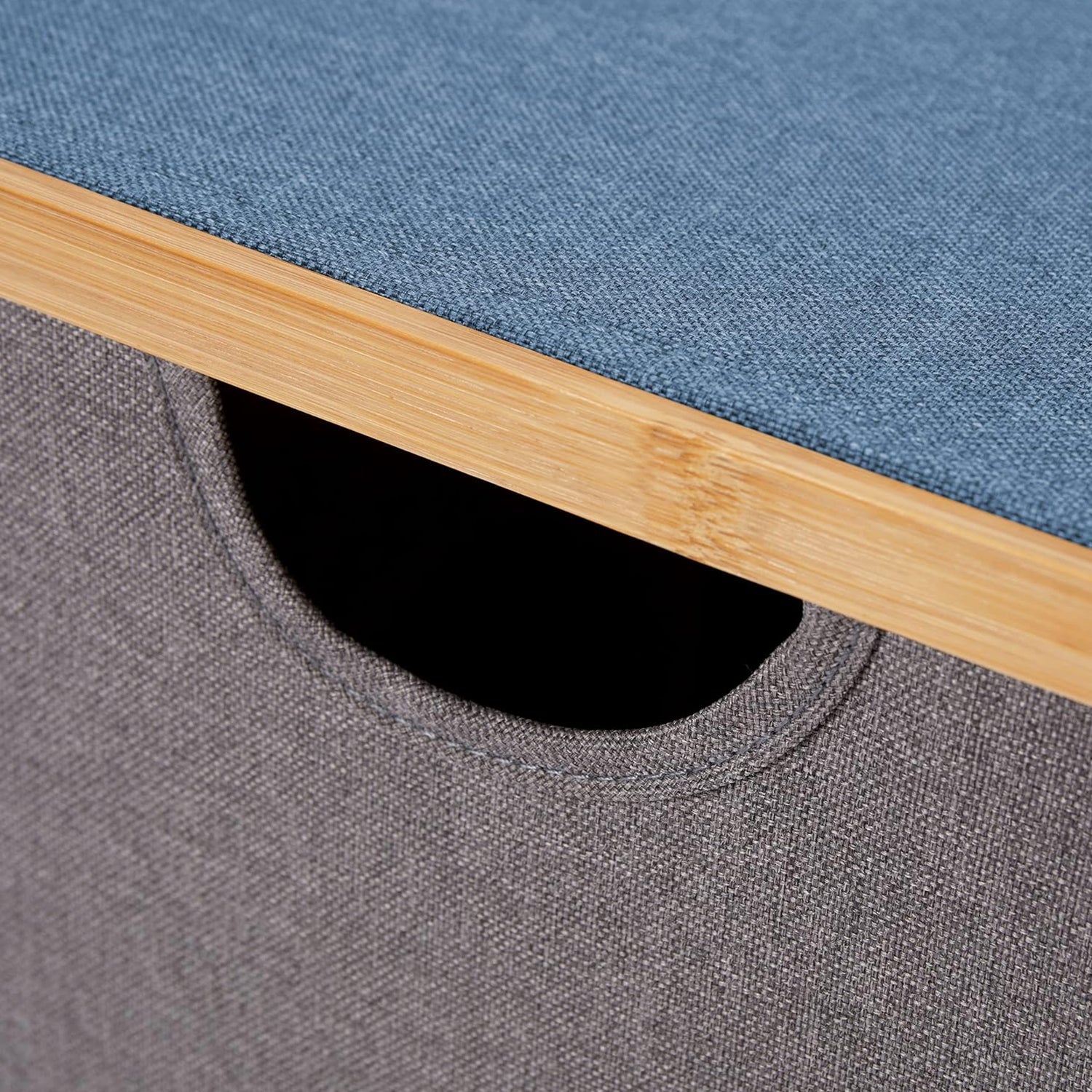 Aufbewahrungsbox mit Bambus-Rahmen - 3er-Set - Grau/Blau, faltbar mit praktischem Griff und stabiler Bambusabdeckung.