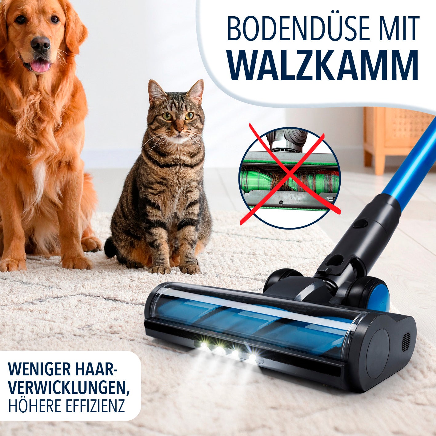 AeroTech 500 Staubsauger mit Absaugstation – Boden- und Walzkamm-Düse für weniger Haarverwicklungen und effiziente Reinigung.