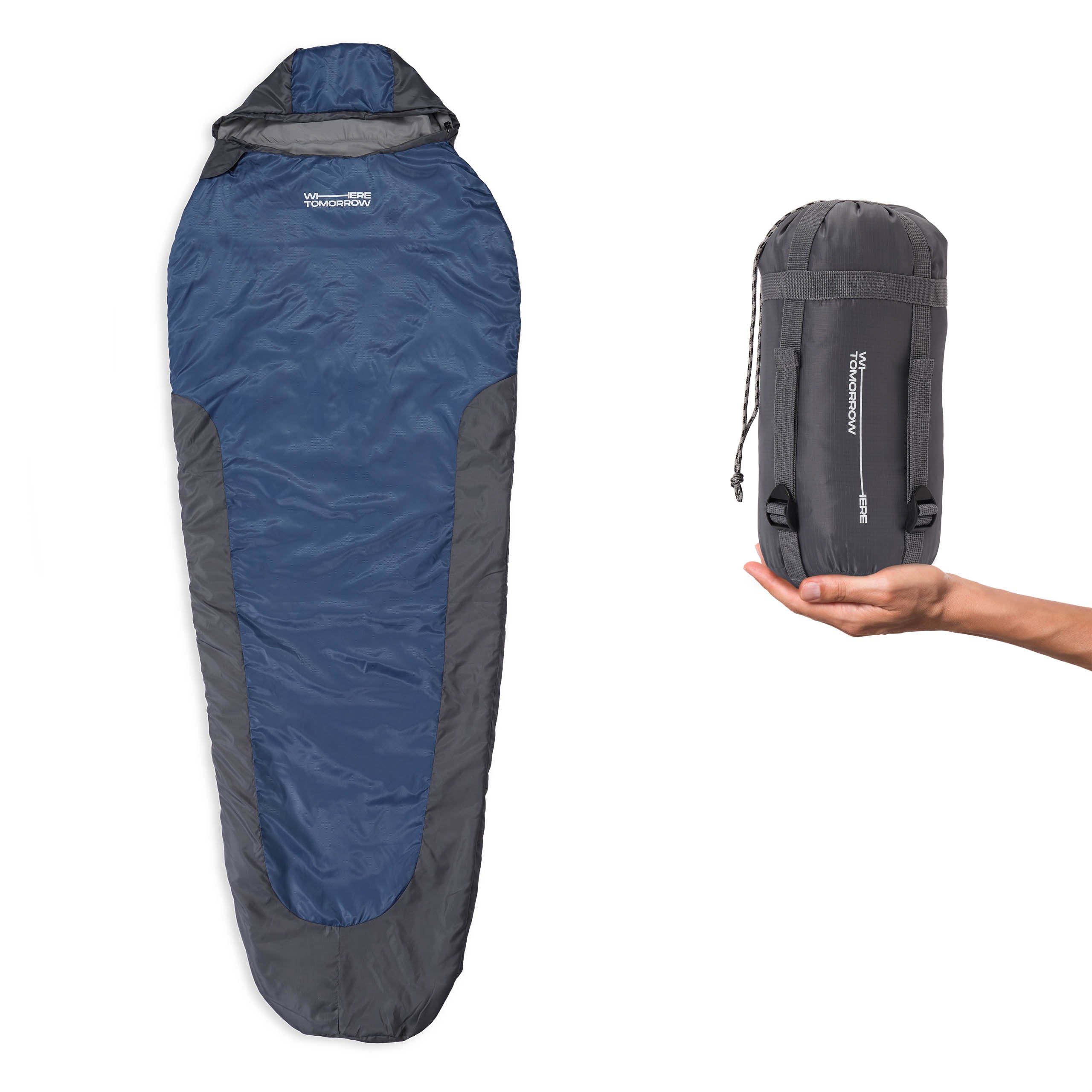 Camping Schlafsack Small & Light in Grau-Navyblau mit wasserabweisendem Material, Mumiendesign und praktischem Packsack.