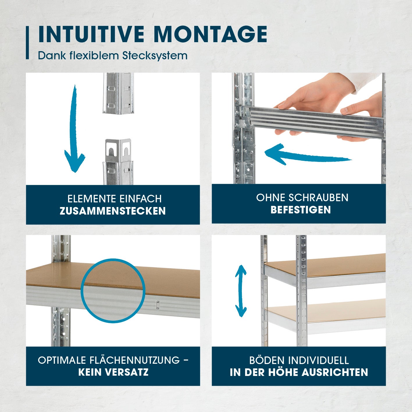 Schwerlastregal & Werkbank mit GS, 180x90x40 cm, zeigt einfaches Stecksystem für Montage ohne Schrauben, höhenverstellbare MDF-Böden, stabile Lagerlösung.