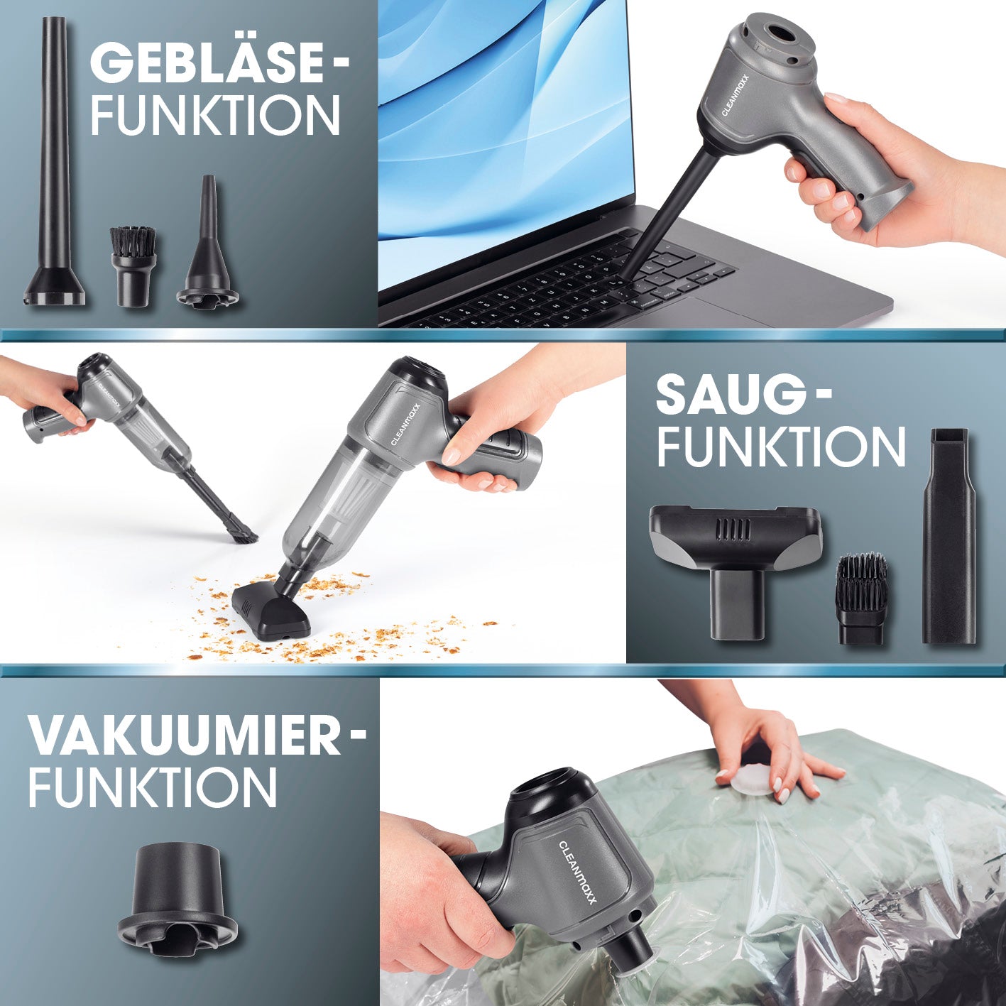 3-in-1-Akkusauger von CLEANmaxx mit Saug-, Gebläse- und Vakuumierfunktion für vielseitige, kabellose Reinigung.