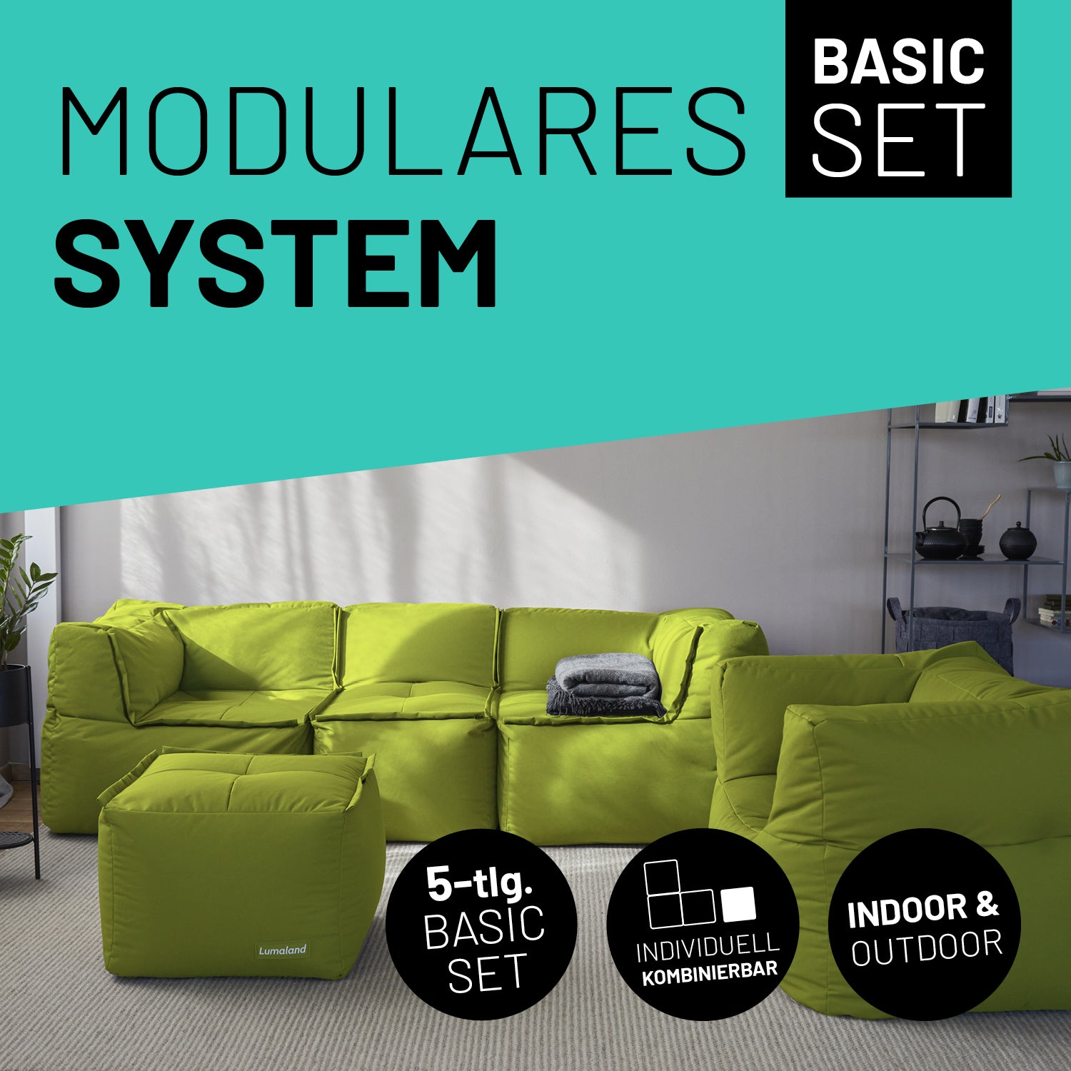 Basic Set (5-tlg.) - Modulares System in Apfelgrün, flexibel kombinierbar, für Indoor & Outdoor, mit extrastarkem Material und abwischbaren Bezügen.