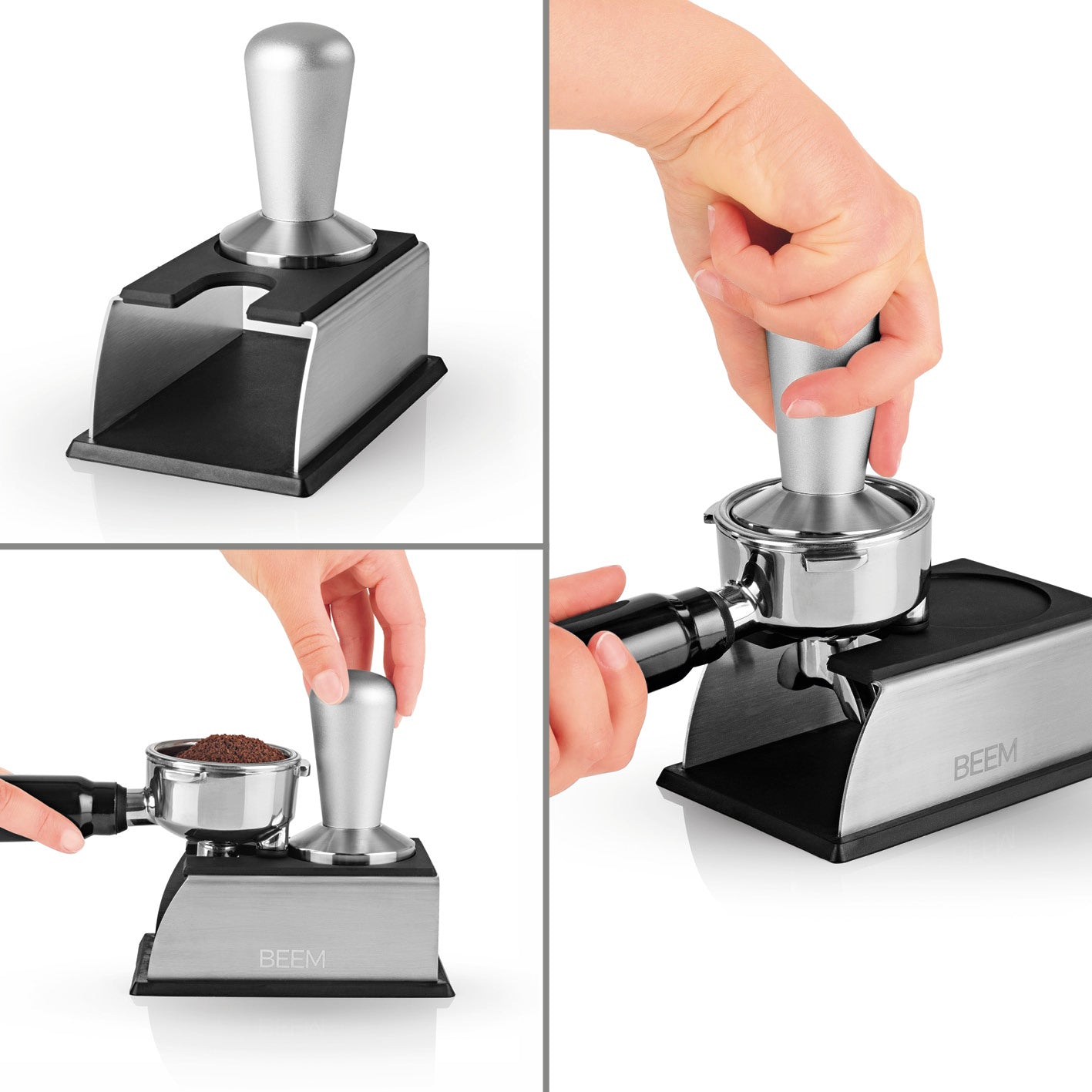 Tamperstation aus Edelstahl mit Silikonboden, schützt Oberflächen und vereinfacht das Andrücken von Kaffeemehl beim Zubereiten.