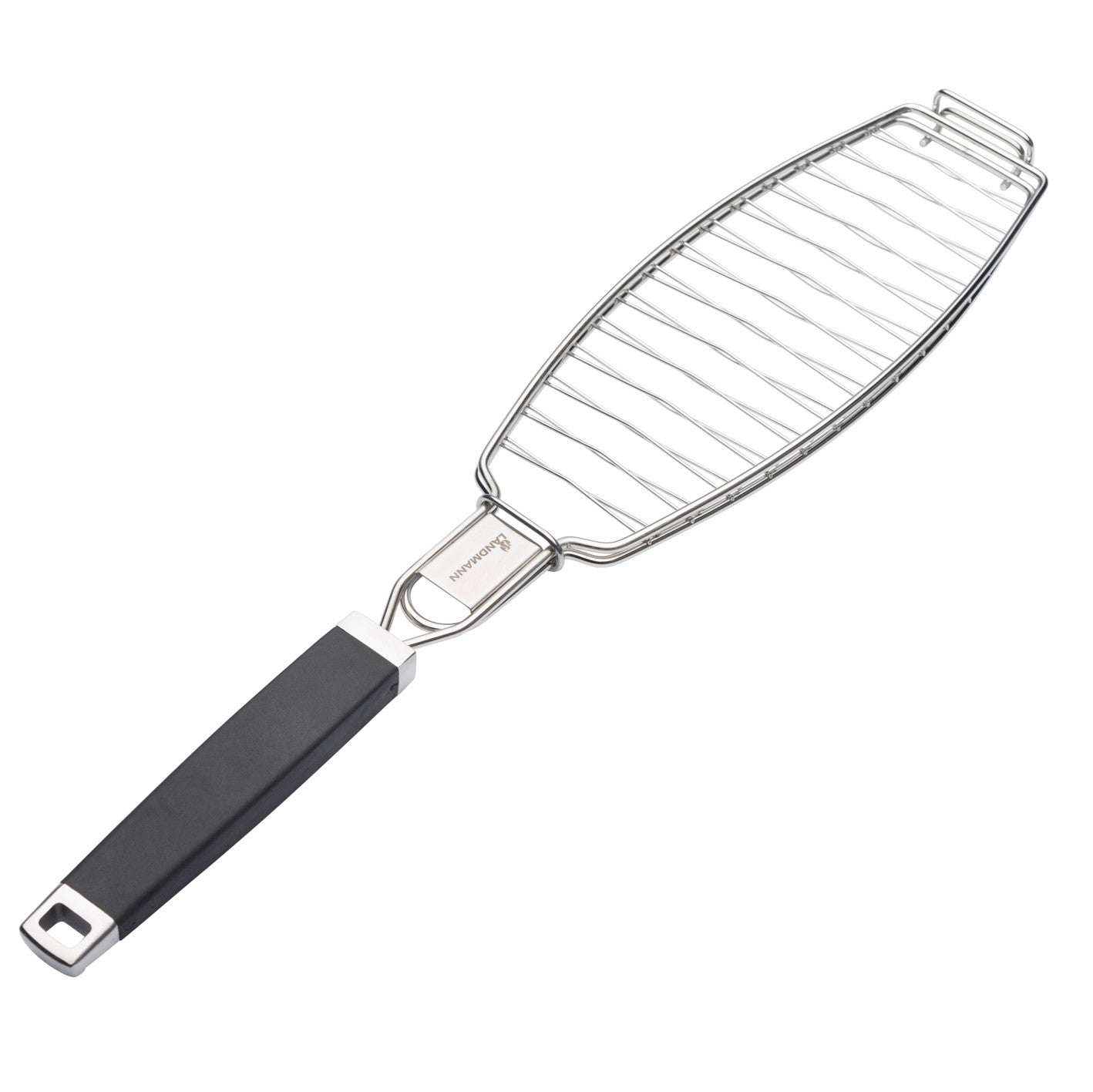 Pure Fischbräter aus Edelstahl mit ergonomischem, gummiertem Griff für sichere und komfortable Handhabung beim Grillen.