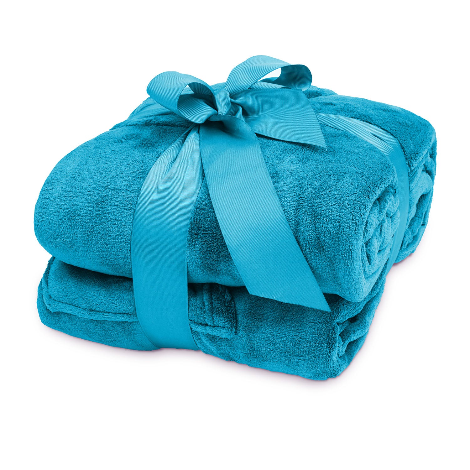 Kuscheldecke - 170 x 200 cm - 50 cm Fußtasche - Himmelblau gefaltete weiche Sofadecke mit Schleife aus Coral-Fleece.