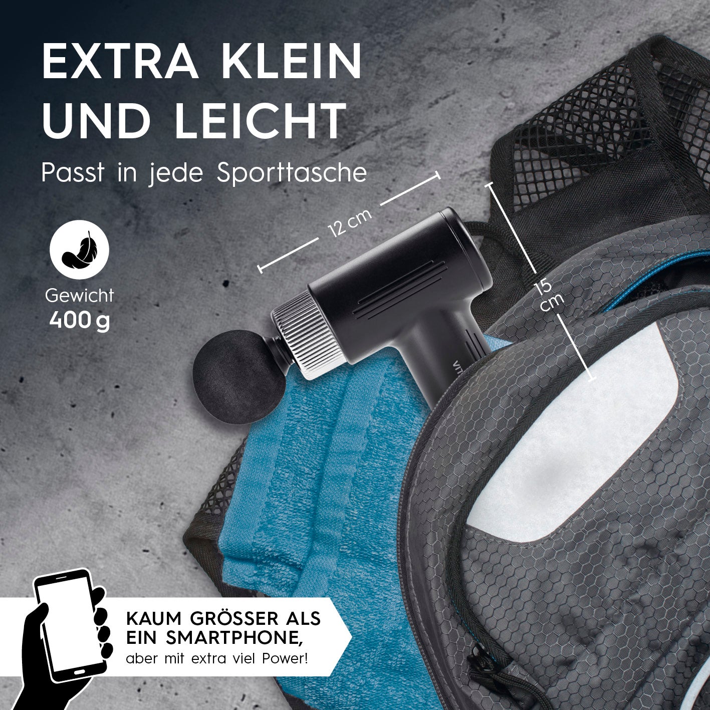 Massagegerät Mini-Gun - schwarz/silber, extra klein und leicht, ideal für unterwegs, 400g, passt in jede Sporttasche, kraftvoll und handlich.