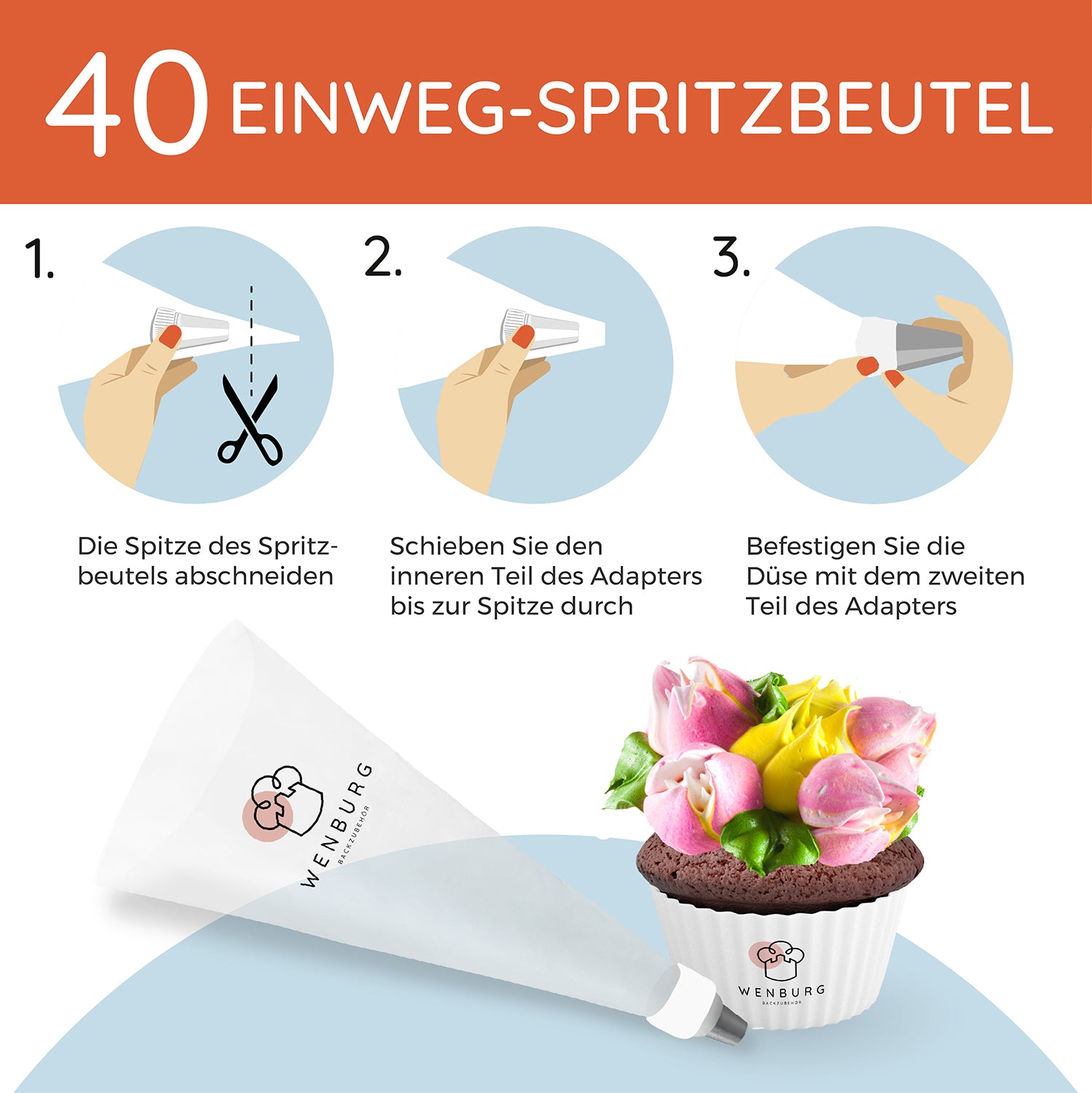Spritzbeutel-Set mit Tüllen - 100-tlg. zeigt Anleitung für Einweg-Spritzbeutel und Düseneinsatz zur Tortendekoration.
