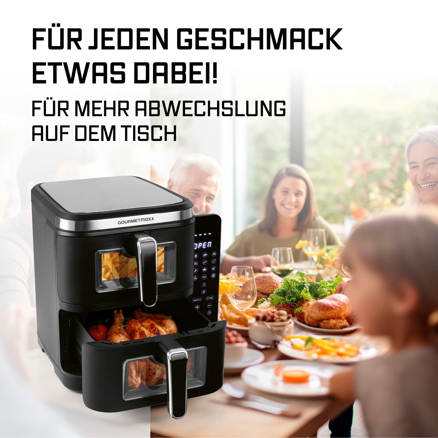 FryUp Vertikale Doppelkammer-Heißluftfritteuse mit Sichtfenster
