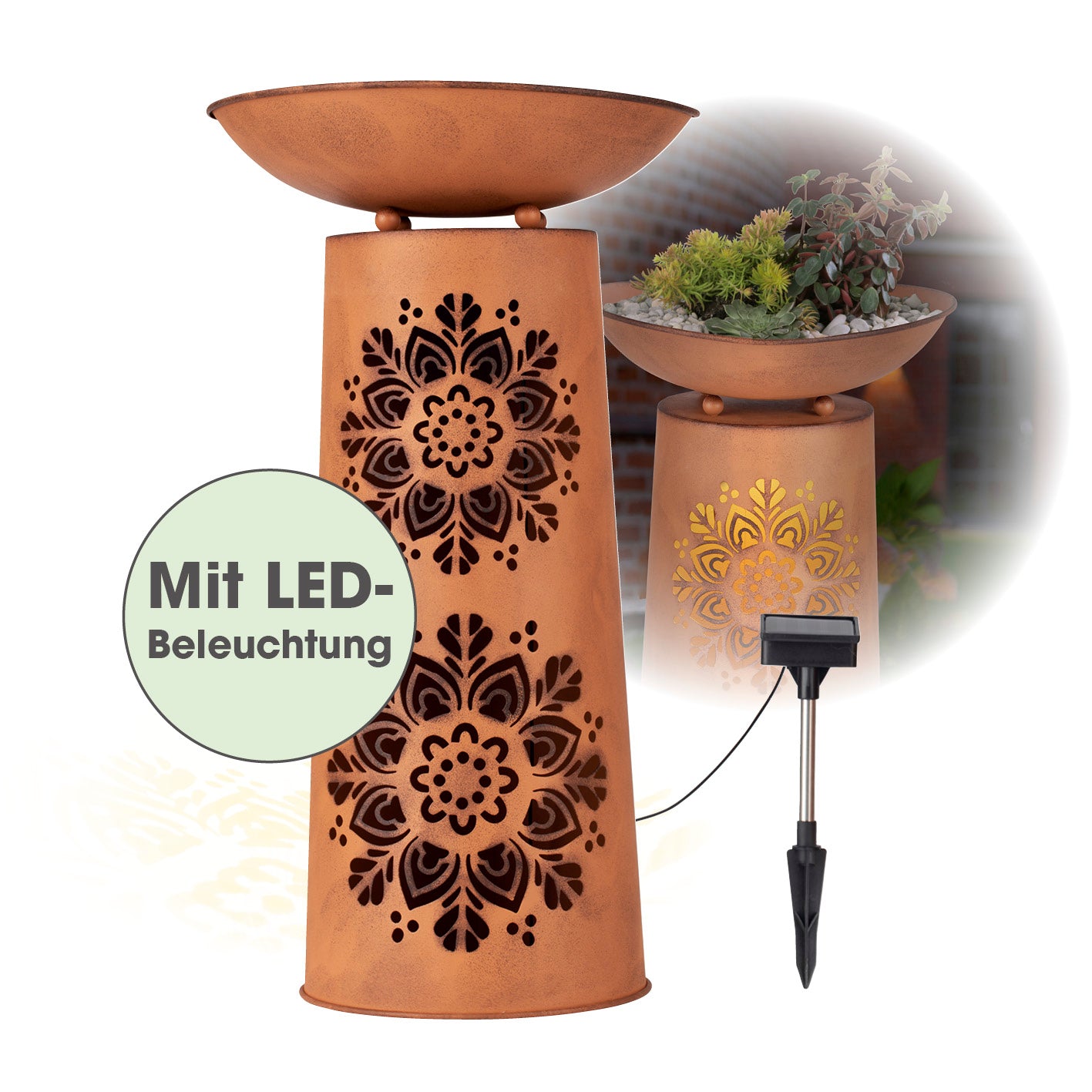 LED-Dekosäule mit Pflanzschale - Rost-Optik Mandala mit Solarbeleuchtung und Musterausschnitten für Garten, Terrasse und Balkon.