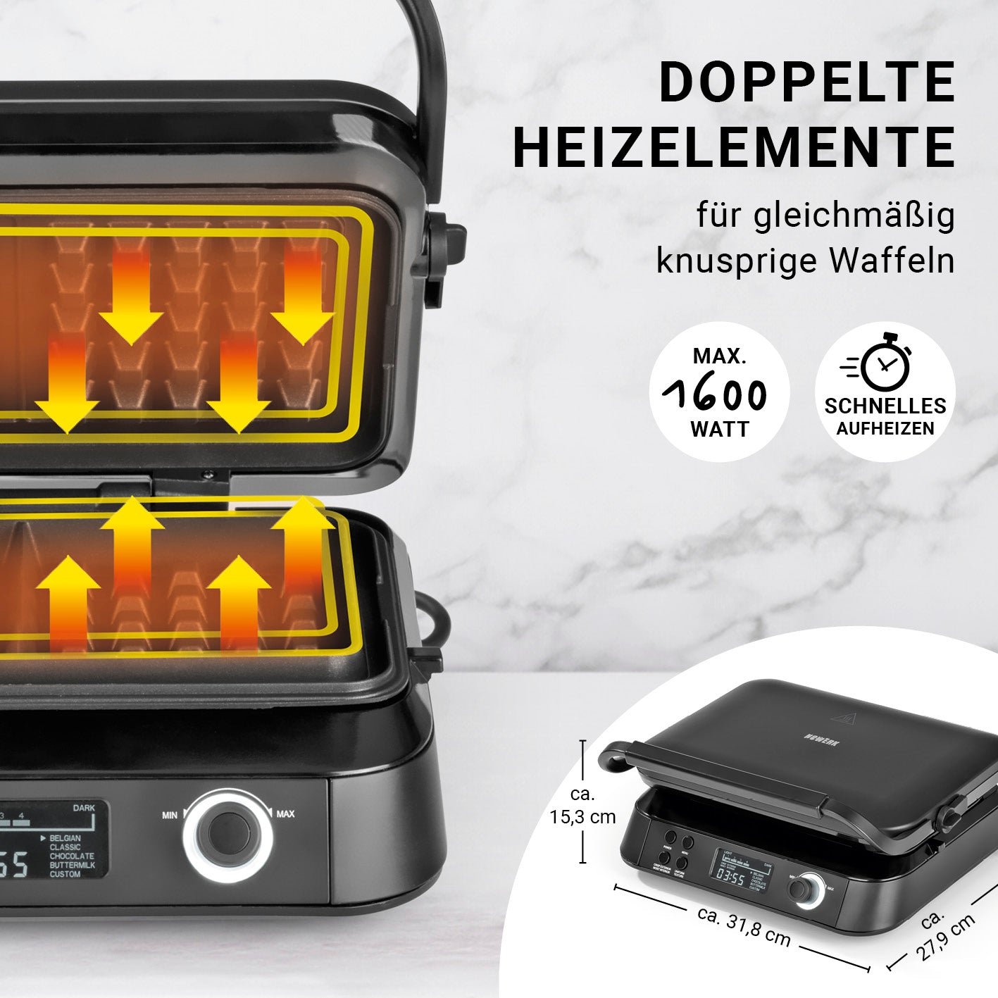 Premium-Waffeleisen mit doppelten Heizelementen für knusprige Waffeln, schnelles Aufheizen, max. 1600 Watt, LCD-Display und Antihaftbeschichtung.