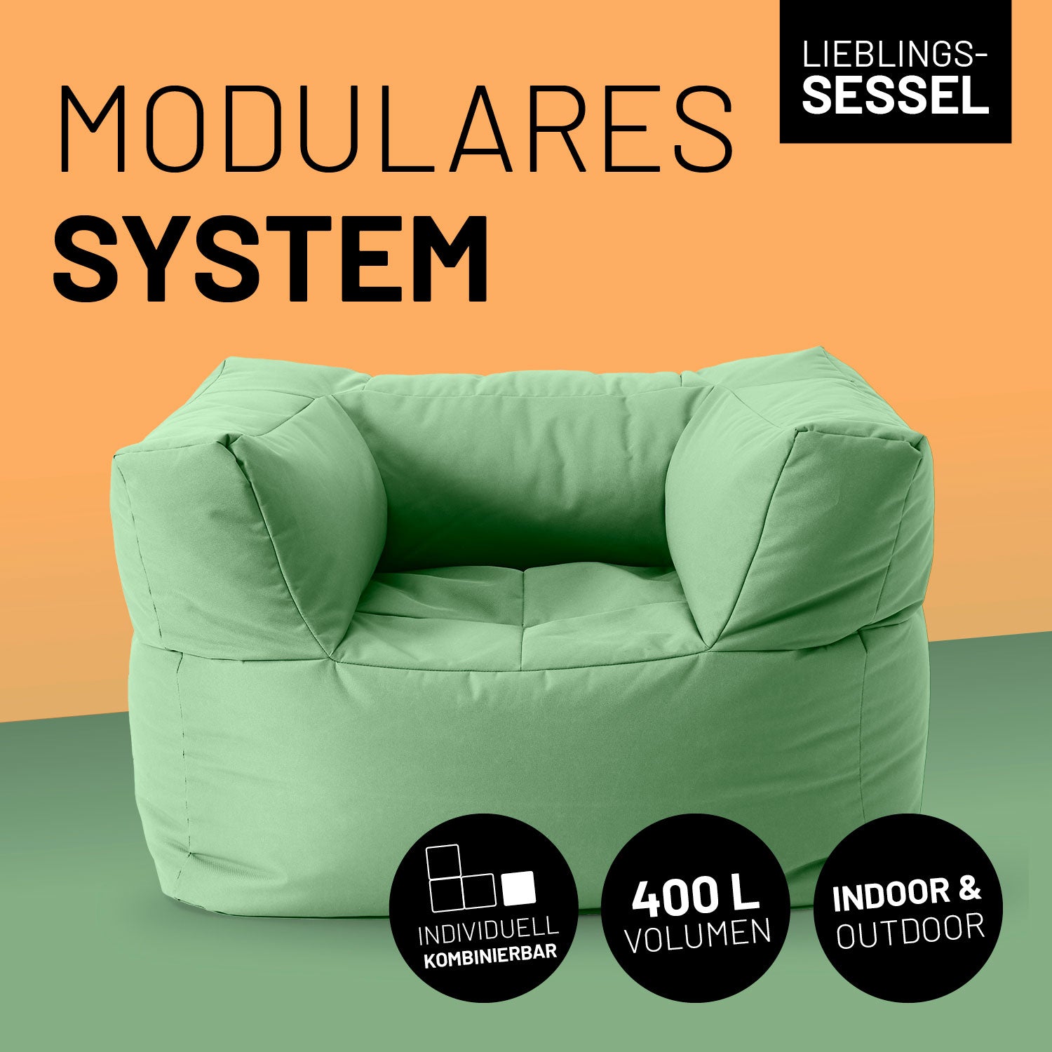 Sitzsack-Sofa Sessel (400 L) - Modulares System in Pastell Grün für indoor und outdoor, extra groß und komfortabel.