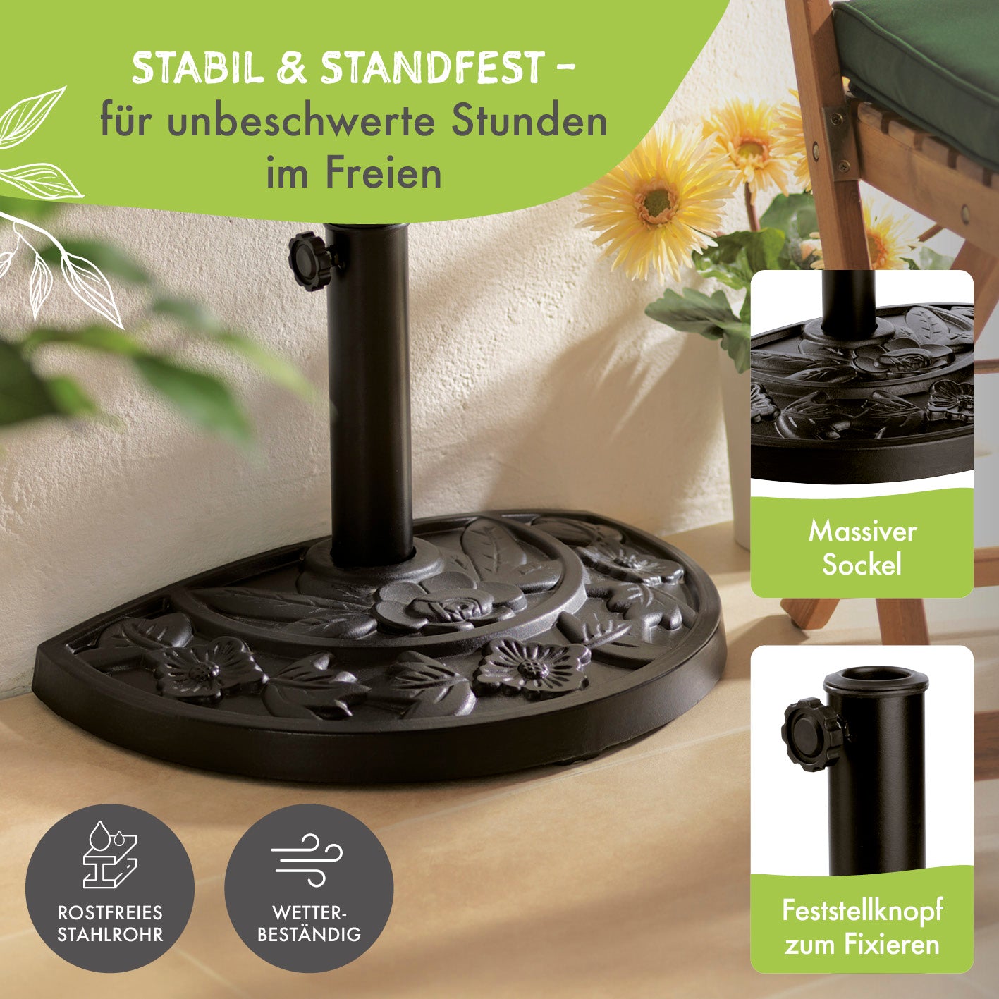 Sonnenschirmfuß Guß-Optik - Schwarz, halbrund, stabile Konstruktion, rostfreies Stahlrohr, wetterbeständig, ideal für kleine Balkone und Terrassen.