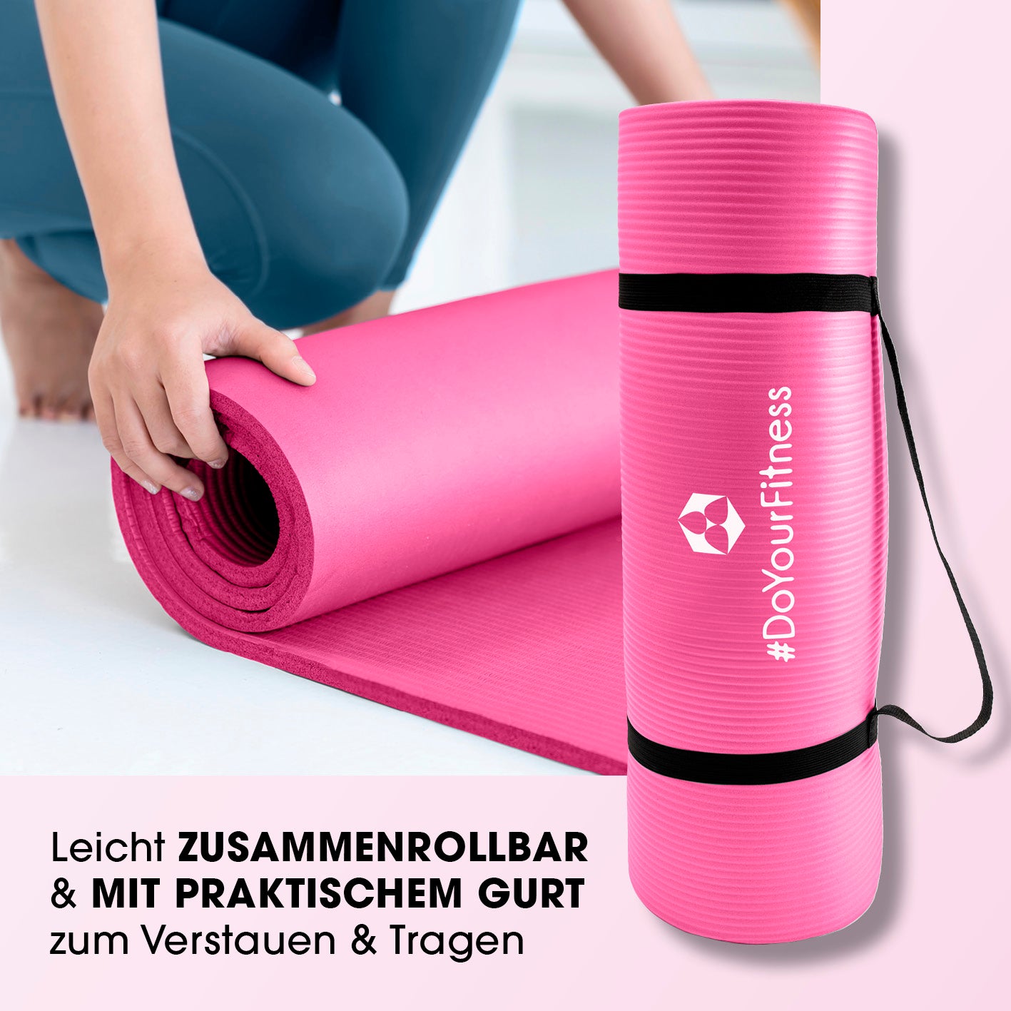 Fitness- und Gymnastikmatte - 183 x 61 x 1,5 cm - Pink, rutschfest, robust und leicht zusammenrollbar mit praktischem Tragegurt.