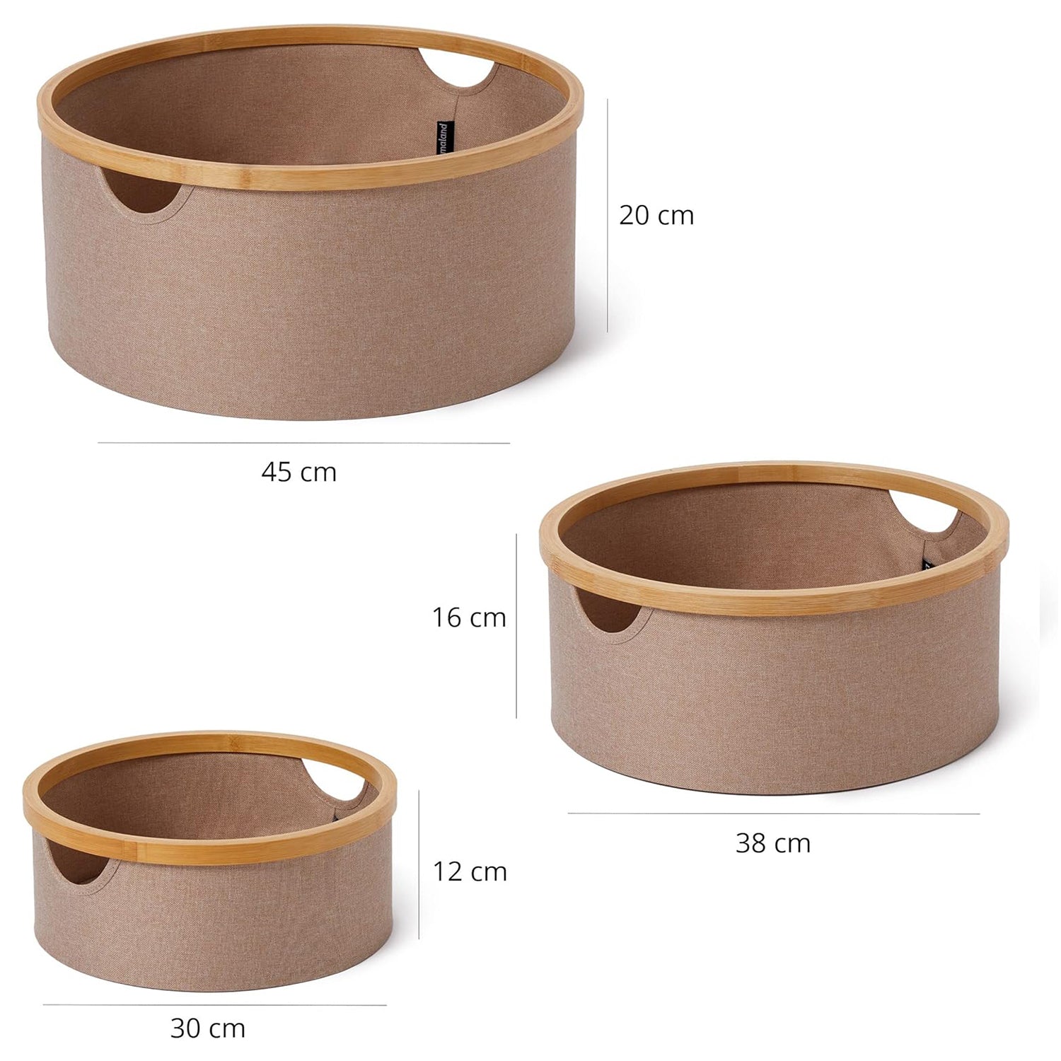 Bambus-Rahmen Aufbewahrungsbox rund - 3er-Set - Taupe in verschiedenen Größen, stapelbar, mit stabilem Bambusrahmen und pflegeleichtem Material.