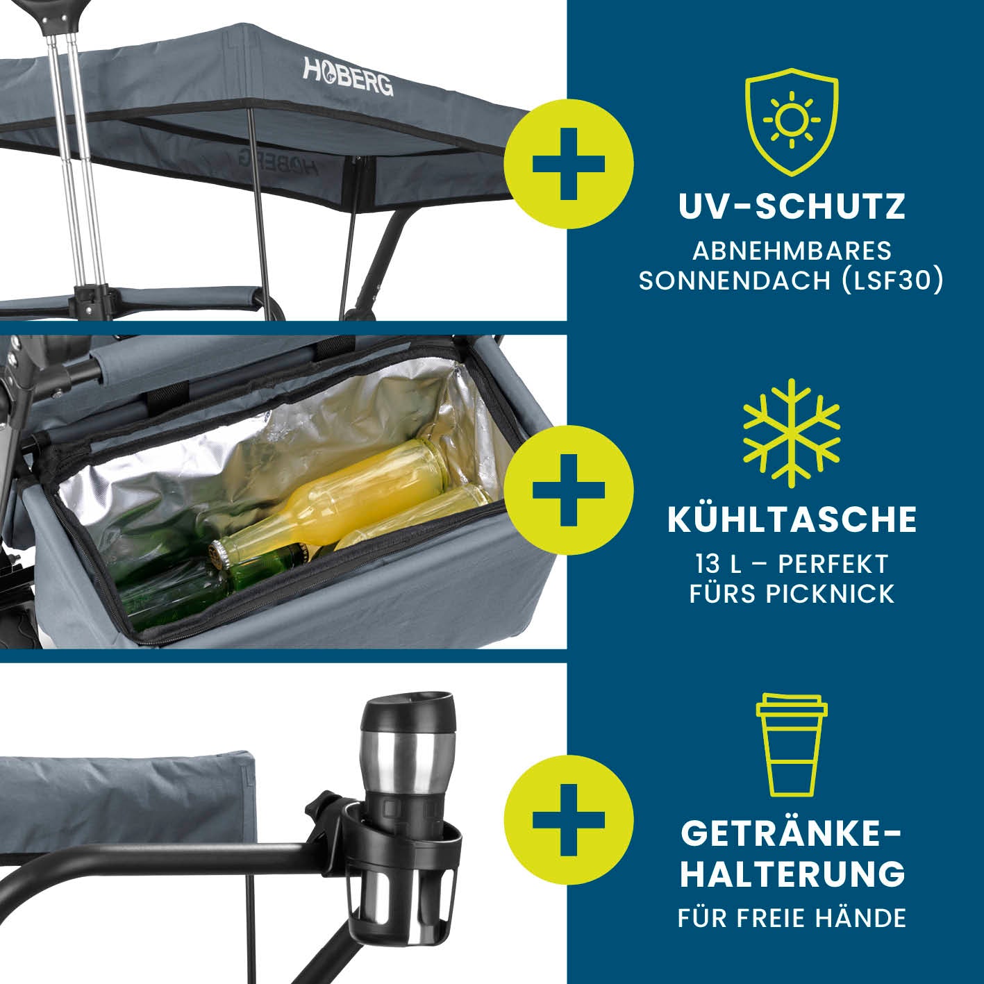Faltbarer Bollerwagen - Grau mit UV-Schutz Sonnendach, integrierter Kühltasche 13L und praktischem Getränkehalter für bequeme Ausflüge.