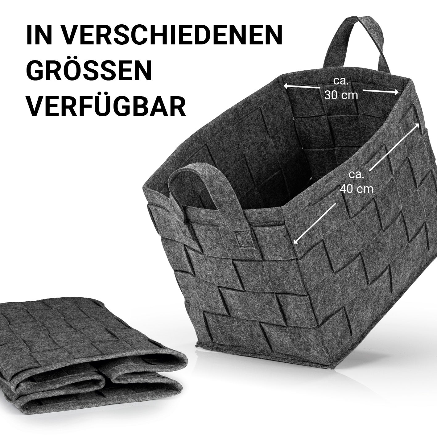 Filz-Aufbewahrungstasche L - 40 x 30 x 30 cm - Dunkelgrau, faltbar mit Tragegriffen, robuster moderner Aufbewahrungskorb aus Filz.