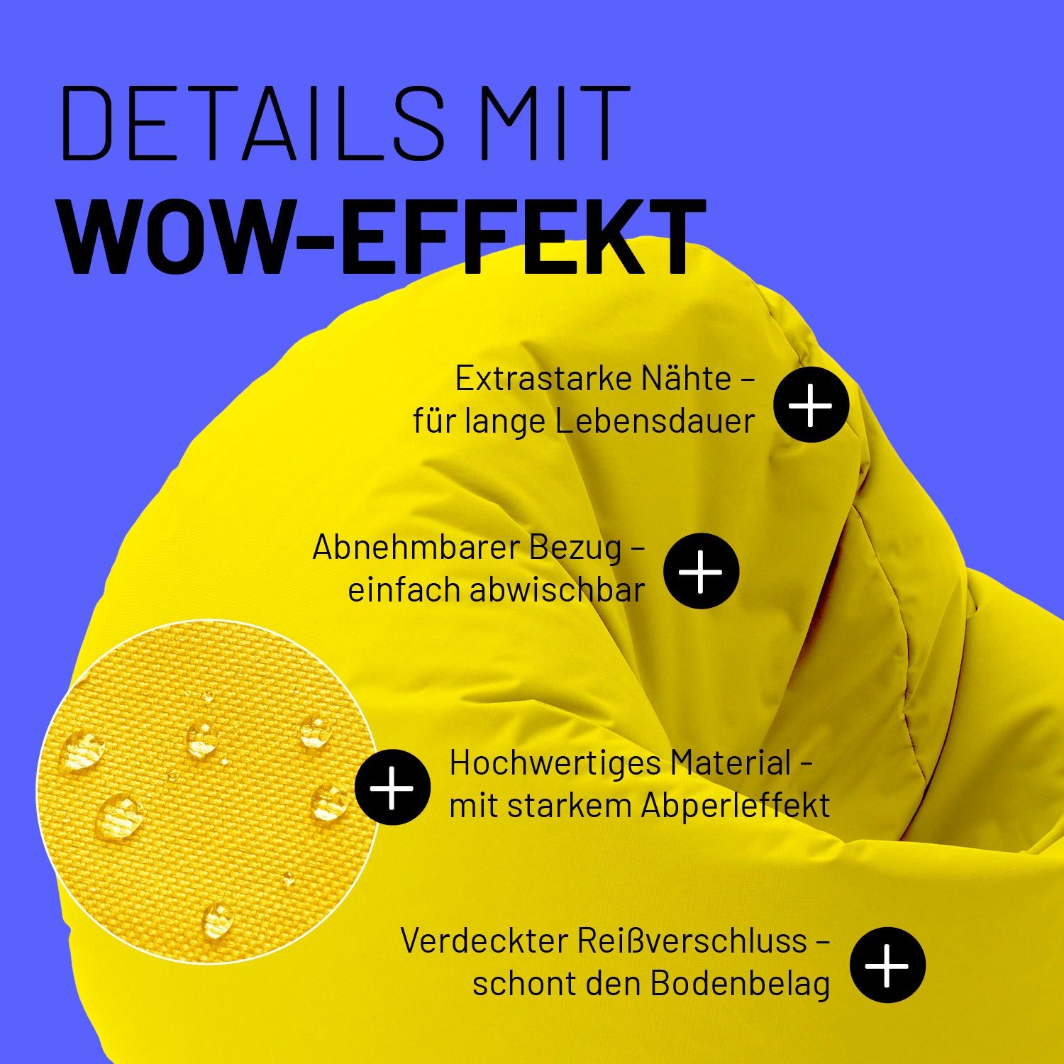 Sitzsack Drops (300 L) Gelb mit extrastarken Nähten, abnehmbarem Bezug, starkem Abperleffekt und verdecktem Reißverschluss für drinnen & draußen.